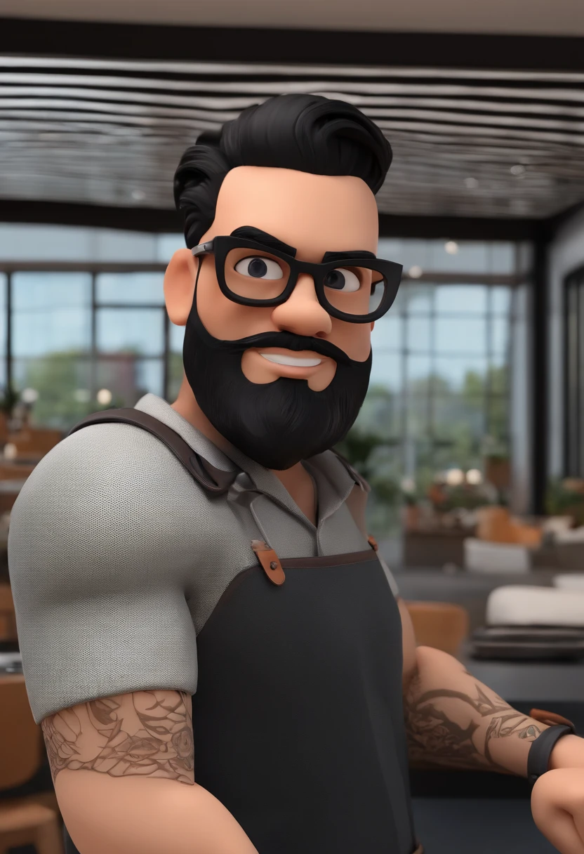 Cartoon character of a man with black glasses and a black polo shirt, cabelo liso, With beard and old school tattoo on his arm, animation character, Caractere estilizado, animation style rendering, 3D estilizado, Arnold Maya render, 3 d render stylized, toon render keyshot, Personagem 3D, Personagem 3D, 3d rendering stylized, 3 d character render, personagem de desenho animado, Personagem de close up, Pose de personagem, (Estilo Pixar) (master part:1.2) (Bokeh) (best quality) (pele detalhada) (textura detalhada) (8k) (argila) (Cinematic lighting) (foco nítido