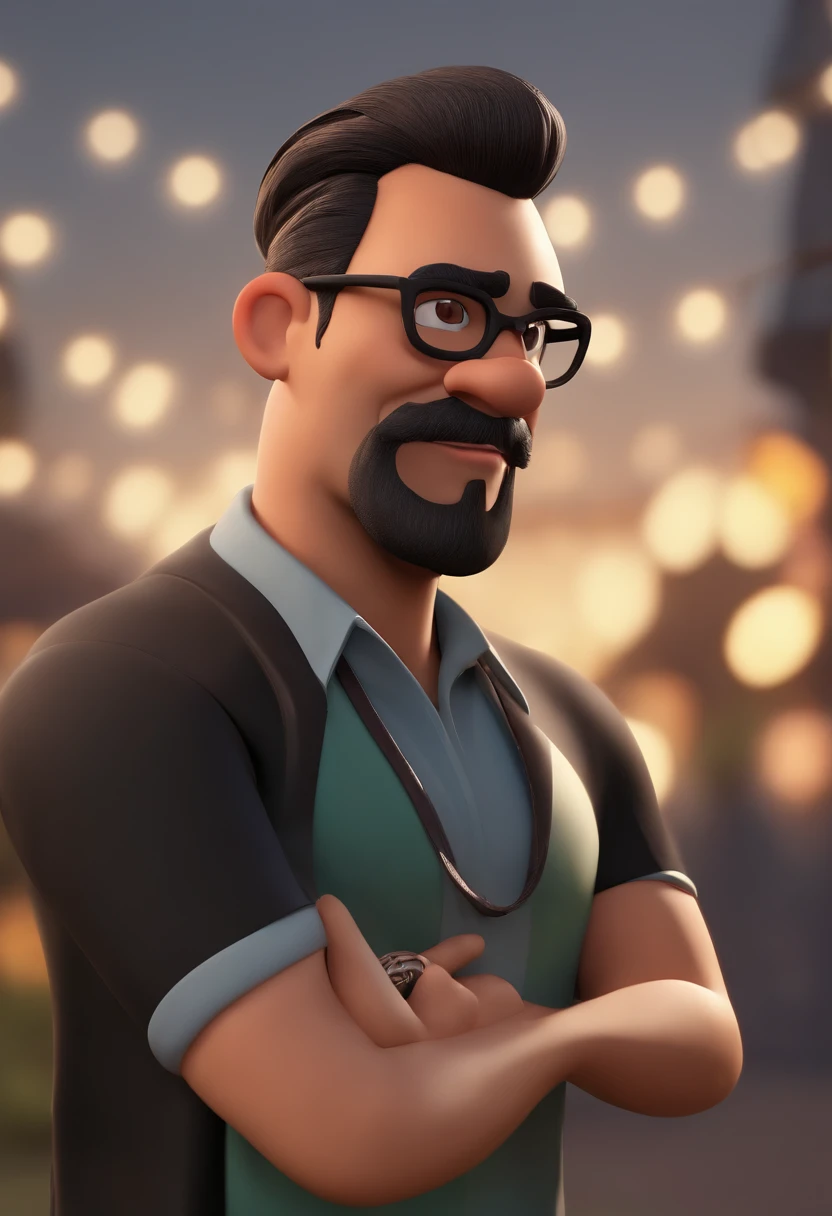 Cartoon character of a man with black glasses and a black polo shirt, cabelo liso, With beard and old school tattoo on his arm, animation character, Caractere estilizado, animation style rendering, 3D estilizado, Arnold Maya render, 3 d render stylized, toon render keyshot, Personagem 3D, Personagem 3D, 3d rendering stylized, 3 d character render, personagem de desenho animado, Personagem de close up, Pose de personagem, (Estilo Pixar) (master part:1.2) (Bokeh) (best quality) (pele detalhada) (textura detalhada) (8k) (argila) (Cinematic lighting) (foco nítido