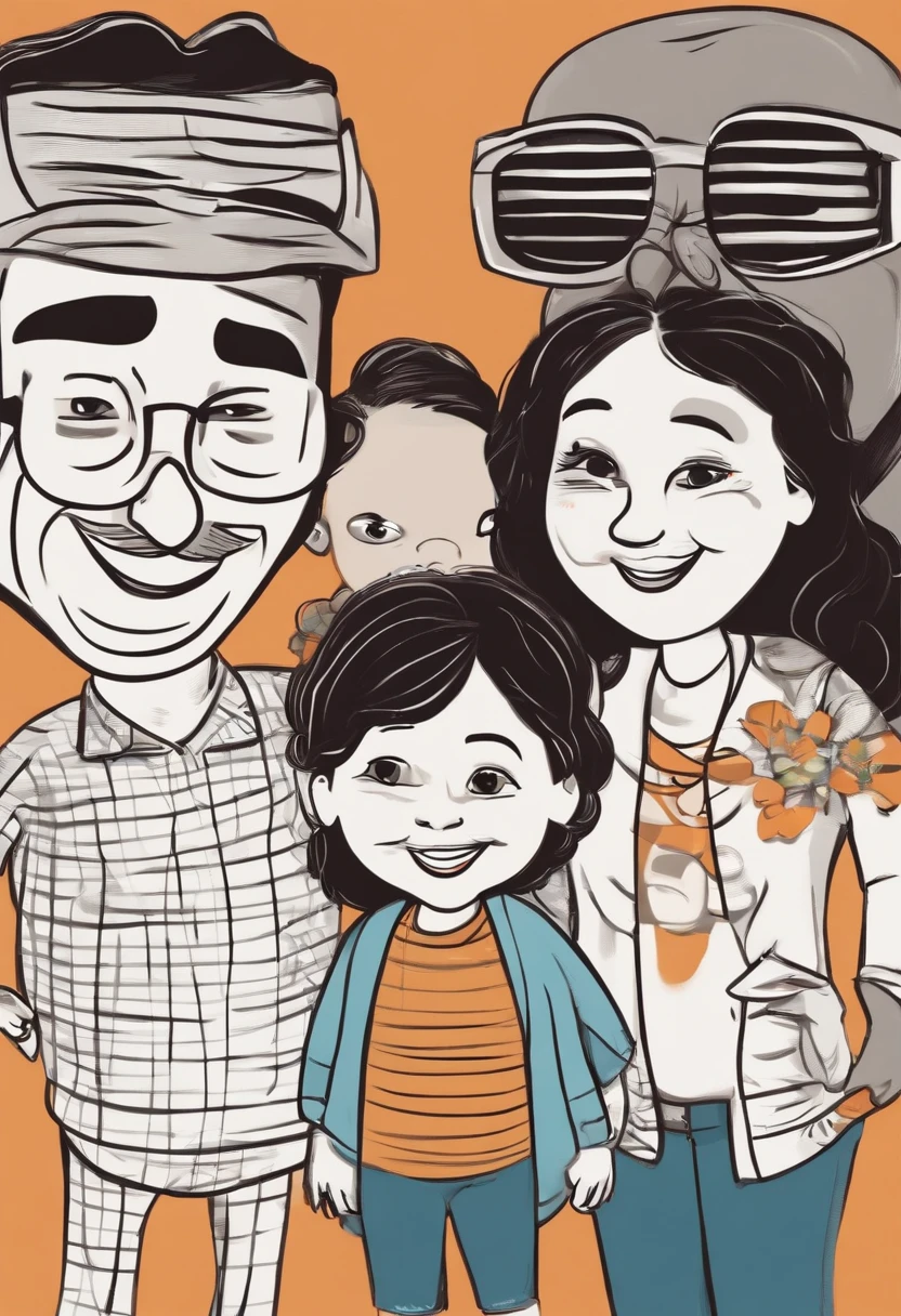 A pixar-style poster of a family with two fathers and a daughter. Um pai tem cabelos loiros pequenos, Grandes olhos azuis, ele tem 40 anos, He's very smiling. The daughter is in the middle of the picture, Ela tem cabelo preto na altura dos ombros, olhos amendoados pretos e pele castanha, she is mexican, Ela tem 8 anos. The other parent has glasses, olhos castanhos, cabelo preto e barba fina, ele tem a pele castanha clara, e ele tem 45 anos. Everyone is smiling.