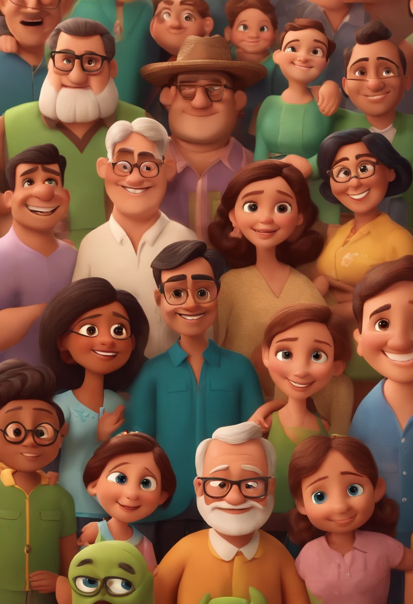 A pixar-style poster of a family with two fathers and a daughter. Um pai tem cabelos loiros pequenos, Grandes olhos azuis, ele tem 40 anos, He's very smiling. The daughter is in the middle of the picture, Ela tem cabelo preto na altura dos ombros, olhos amendoados pretos e pele castanha, she is mexican, Ela tem 8 anos. The other parent has glasses, olhos castanhos, cabelo preto e barba fina, ele tem a pele castanha clara, e ele tem 45 anos. Everyone is smiling.