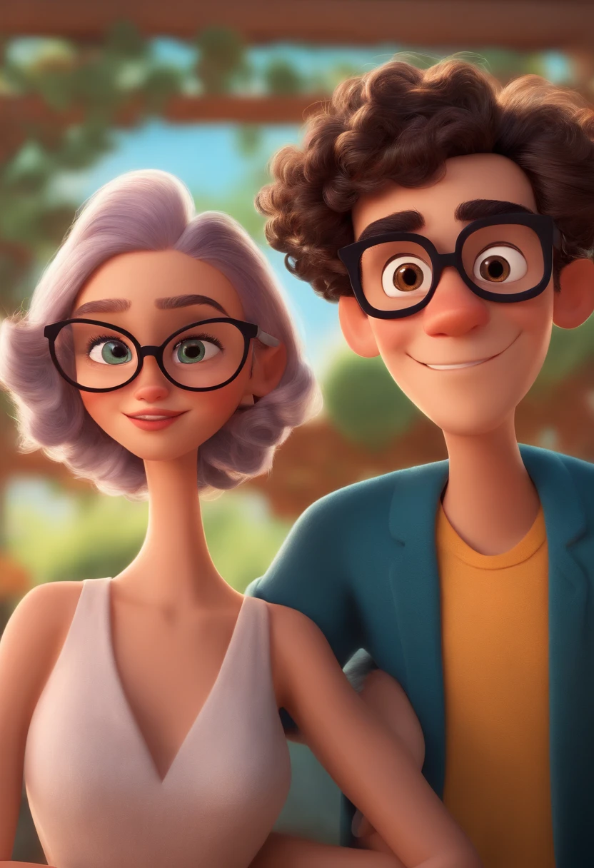 Create a man with square glasses and a woman with curly square hair glasses holding an almost bald boy, Estilo dos desenhos animados da Pixar, Disney Pixar Estilo 3D