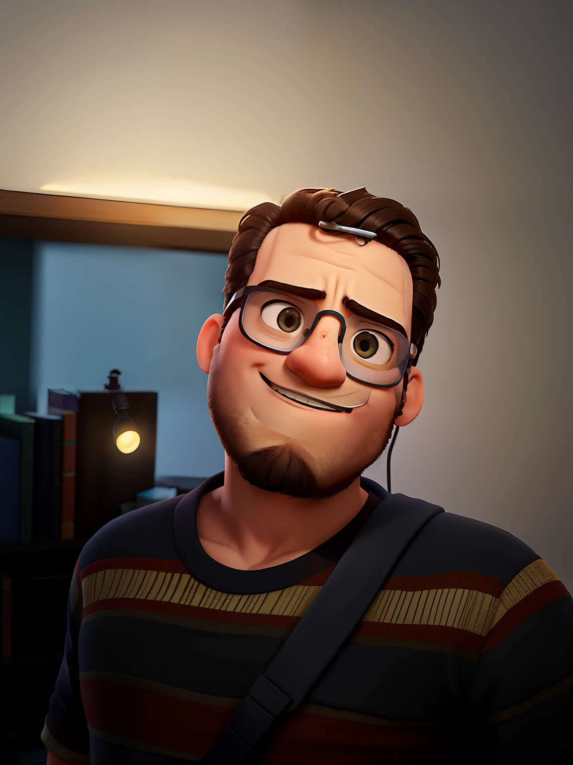 Um homem jovem, wearing goggles,illuminated by the light of a lamp, contra o pano de fundo de uma biblioteca, estilo pixar.
