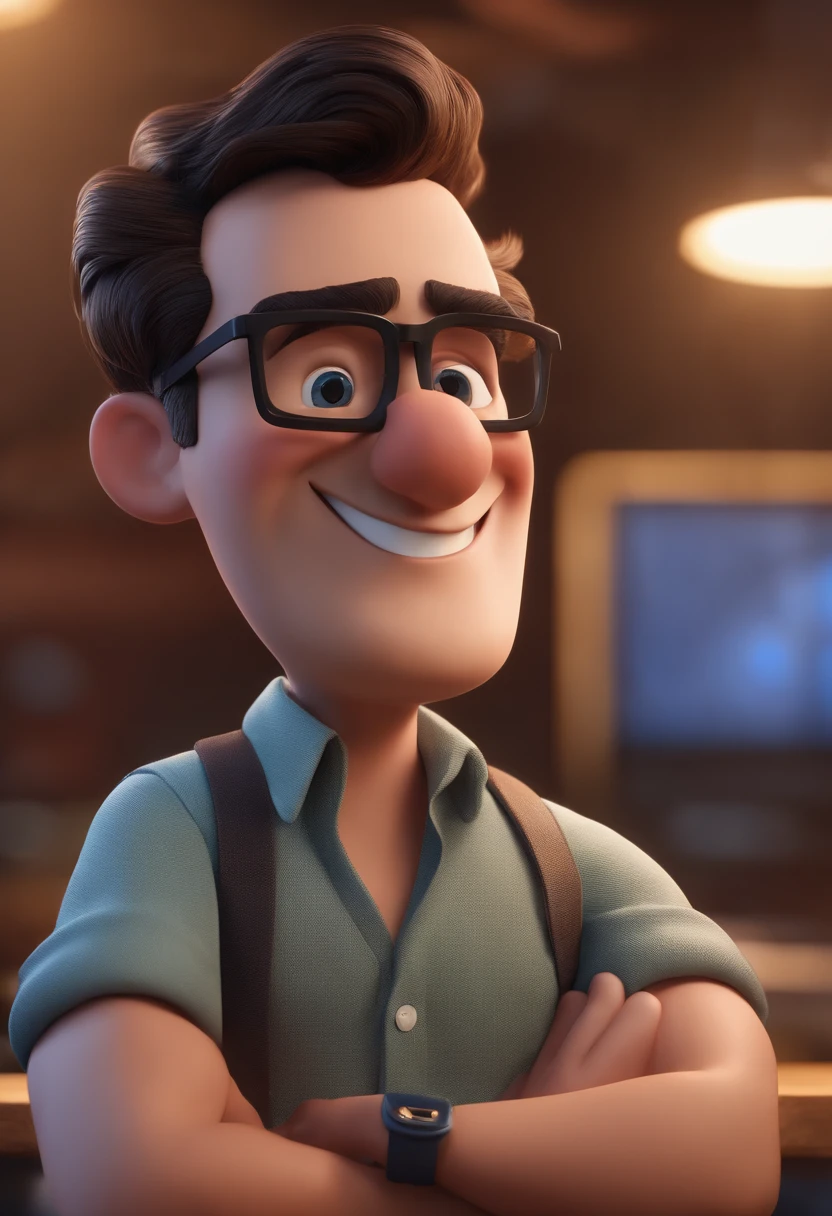 Cartoon character of a man with black glasses and a blue shirt, animation character, Caractere estilizado, animation style rendering, 3D estilizado, Arnold Maya render, 3 d render stylized, toon render keyshot, Personagem 3D, Personagem 3D, 3d rendering stylized, 3 d character render, personagem de desenho animado, Personagem de close up, Pose de personagem,  (Estilo Pixar) (master part:1.2) (Bokeh) (best quality) (pele detalhada) (textura detalhada) (8k) (argila) (Cinematic lighting) (foco nítido