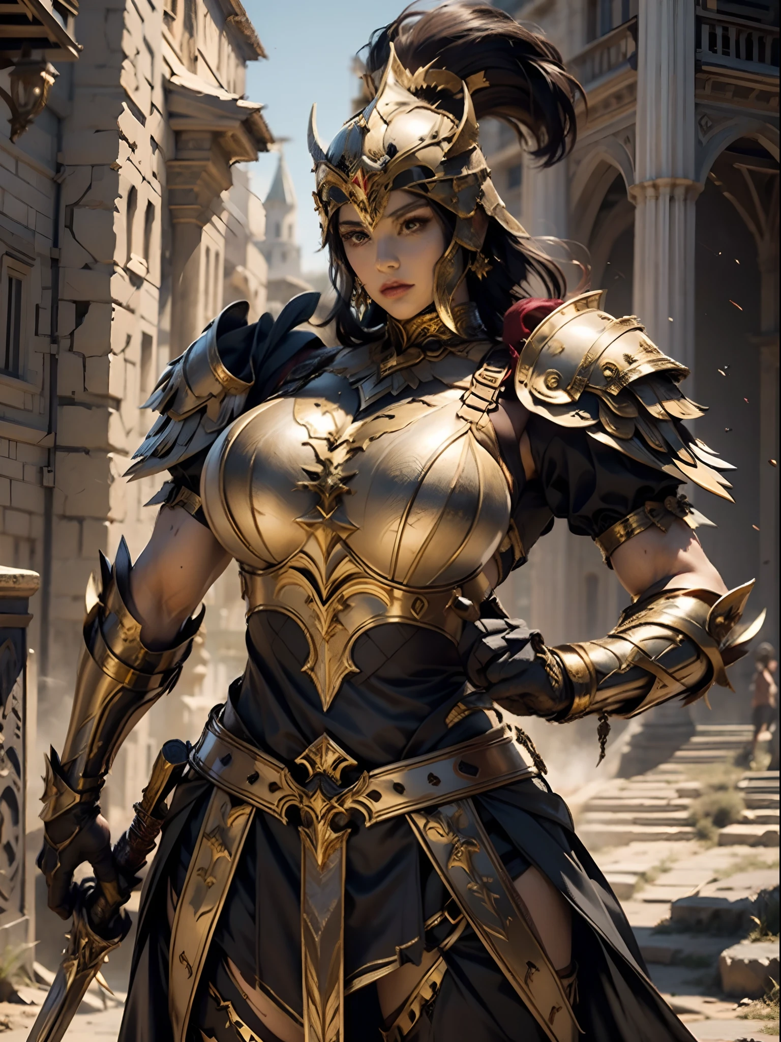 a beautiful golden-greek-armored warrioress, jet-black hair, hoplite helmet, muscular, huge and heavy breasts, looking at viewer, modelshot pose, masterpiece, best quality, 8k, blurred background, medieval fantasy castle in the background