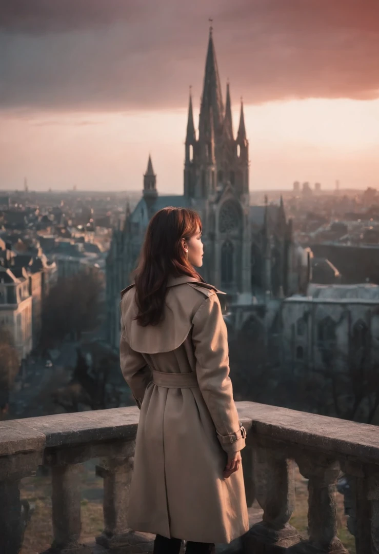 Create an illustration in a 80s vintage anime style of a girl wearing a trench coat standing with her back to the viewer on top of a building overlooking a city merged with an enormous old Gothic cathedral filled with towers. The cityscape extends to the horizon and features a blend of towering Gothic structures and skyscrapers. 80's vintage anime, gothic horror, gotham cemetery a city with red sky, gothic setting, dark fantasy, dark, anime, beauty, perfection, love.