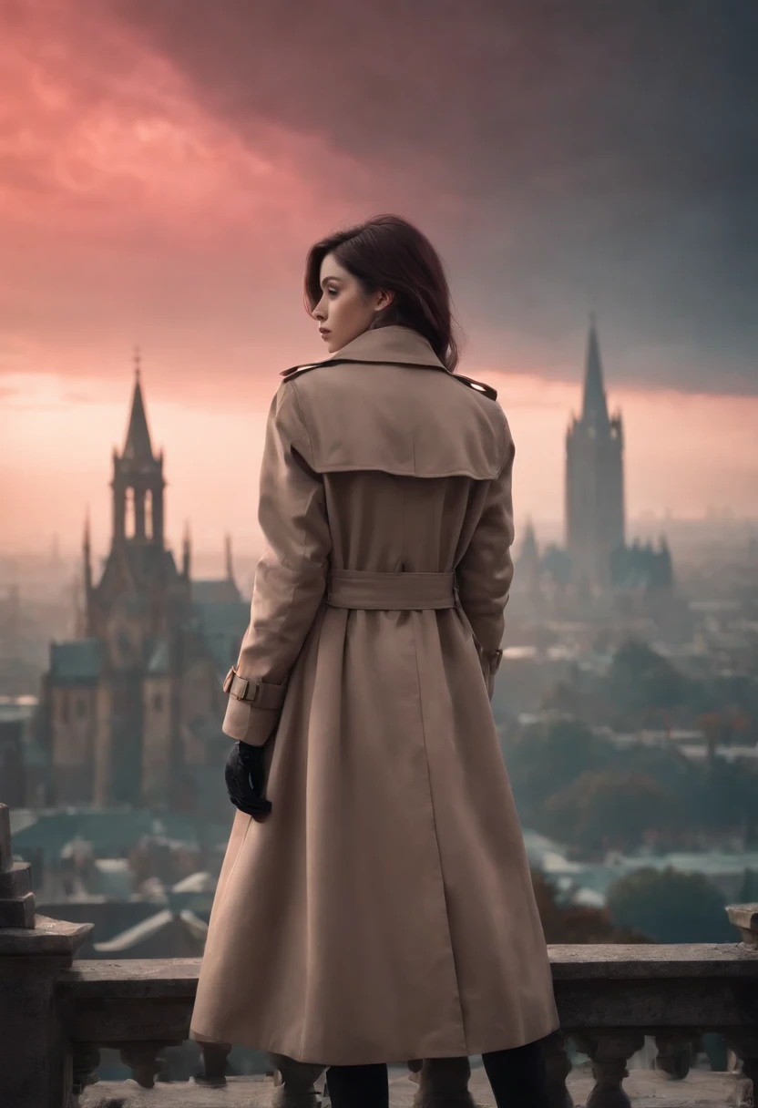 Create an illustration in a 80s vintage anime style of a girl wearing a trench coat standing with her back to the viewer on top of a building overlooking a city merged with an enormous old Gothic cathedral filled with towers. The cityscape extends to the horizon and features a blend of towering Gothic structures and skyscrapers. 80's vintage anime, gothic horror, gotham cemetery a city with red sky, gothic setting, dark fantasy, dark, anime, beauty, perfection, love.