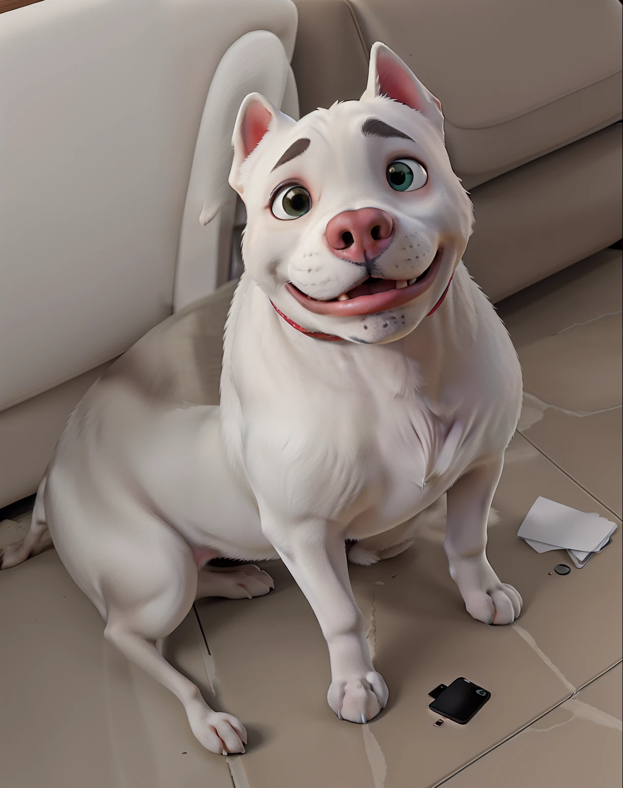 There's a white dog sitting on the floor next to a couch, olhar orgulhoso, nariz rosa pontiagudo longo, orgulhoso olhando para longe, Ciborgue - Pitbull, olhar orgulhoso, albino intenso, is a stunning, extremamente bonito, pitbull, Ciborgue - Pitbull tirando uma selfie, Rocco, com focinho branco, Looking towards the camera, rosto magro e raspado
