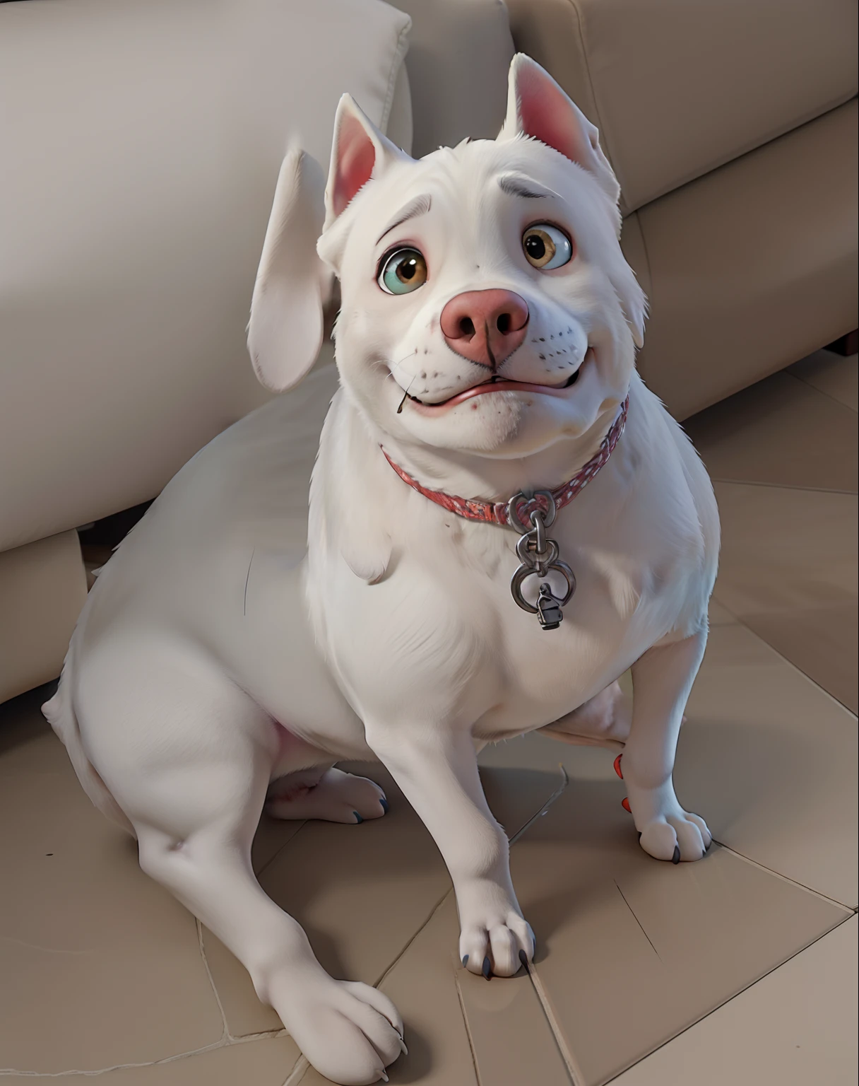There's a white dog sitting on the floor next to a couch, olhar orgulhoso, nariz rosa pontiagudo longo, orgulhoso olhando para longe, Ciborgue - Pitbull, olhar orgulhoso, albino intenso, is a stunning, extremamente bonito, pitbull, Ciborgue - Pitbull tirando uma selfie, Rocco, com focinho branco, Looking towards the camera, rosto magro e raspado