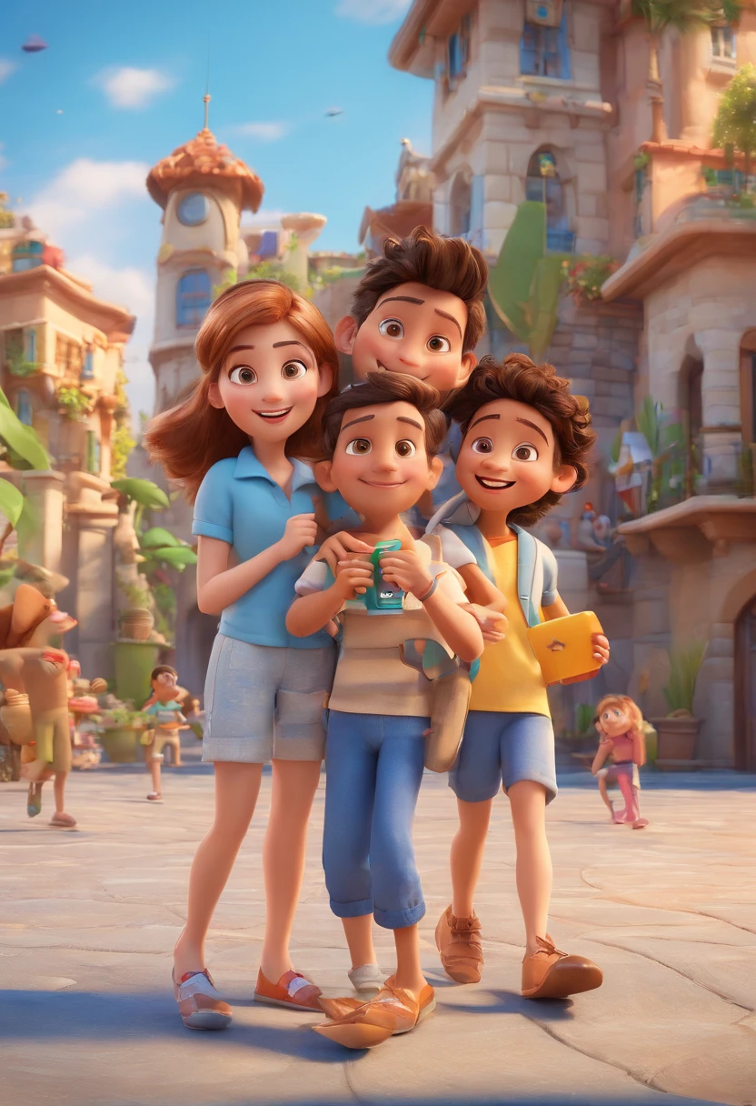 Cartoon of friends having fun on vacation together, 3D Animation Movie Poster, Poster de filme animado, pixar 3 d animation style, pixar renderman rendering, maia 8 mil, animated film, Disney Pixar Estilo 3D, amigos felizes saem juntos, all wearing light blue shirts and cream brown long pants, camisa azul clara, cream brown pants, ao ar livre, vacation, Disney Pixar Animation Poster