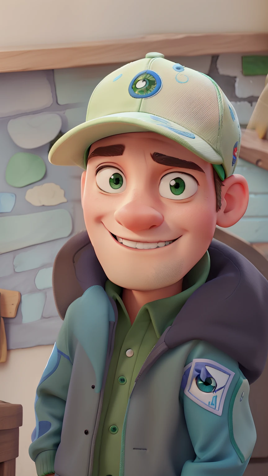 Cartoon with a green jacket and a cap with one eye to see and the other blue