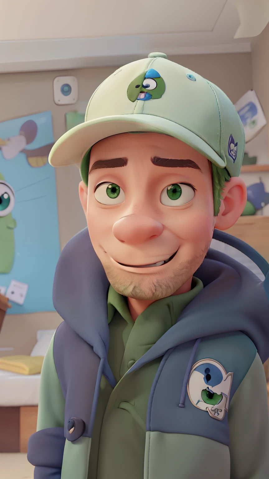 Cartoon with a green jacket and a cap with one eye to see and the other blue