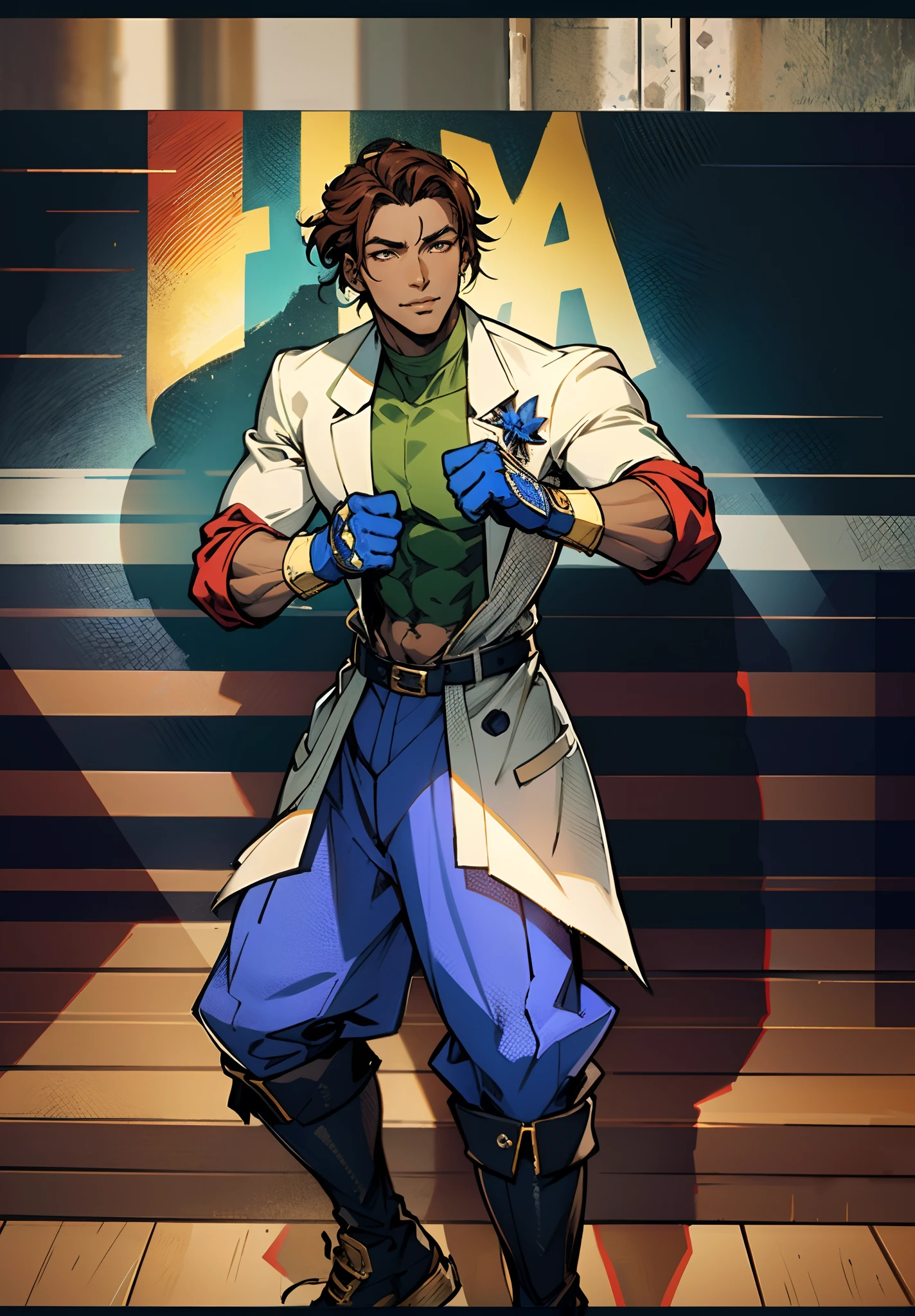 A young man, auburn hair, a center-parted back hairstyle, dark skin, narrow eyes, a cunning smile, a two-piece fantasy-reality style outfit, a white undershirt, a dark formal-style coat, wearing gloves, matching trousers with the outfit, has metallic-adorned knee-high boots, striking a boxing pose, against a background of horizon, this character embodies a finely crafted fantasy-reality style fighter in anime style, characterized by an exquisite and mature manga illustration art style, high definition, best quality, highres, ultra-detailed, ultra-fine painting, extremely delicate, professional, anatomically correct, symmetrical face, extremely detailed eyes and face, high quality eyes, creativity, RAW photo, UHD, 8k, Natural light, cinematic lighting, masterpiece-anatomy-perfect, masterpiece:1.5