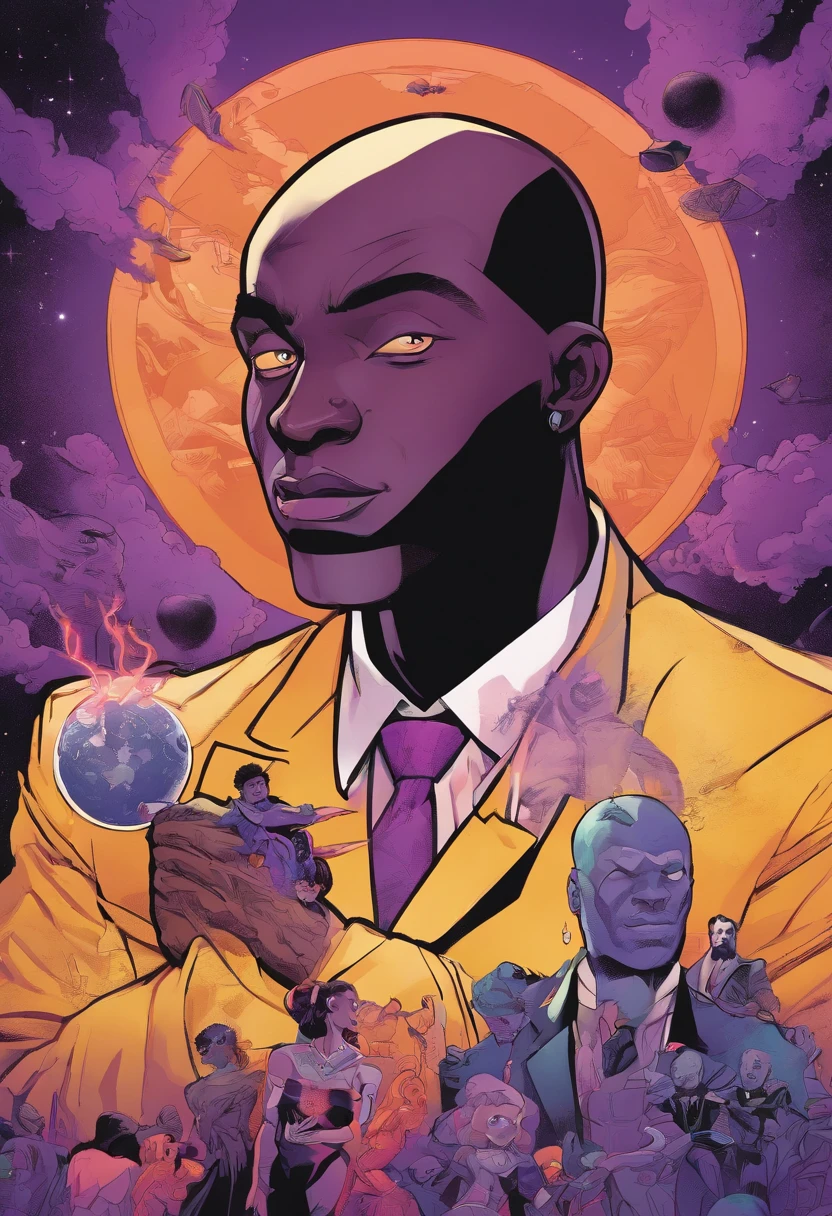 Give me a bald black boy and a purple and black suit that he has glowing purple eyes and the power of mind control and gravity