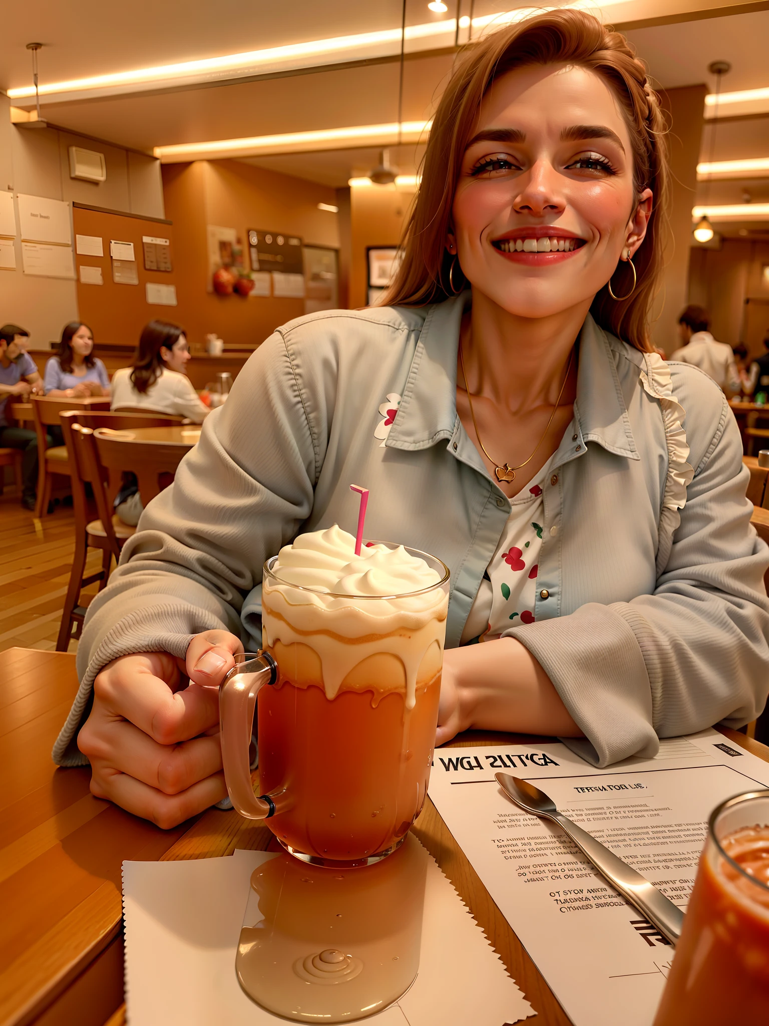 Smiling woman sitting at a table with a big drink in front of her, com uma bebida, drinking a strawberry iced latte, segurando uma bebida, divertindo-se, non blurry, segurando uma cerveja!!, delicioso, standing in a restaurant, with a happy expression, stuck in tall iced tea cup, 4 5 I, pessoa inteira!