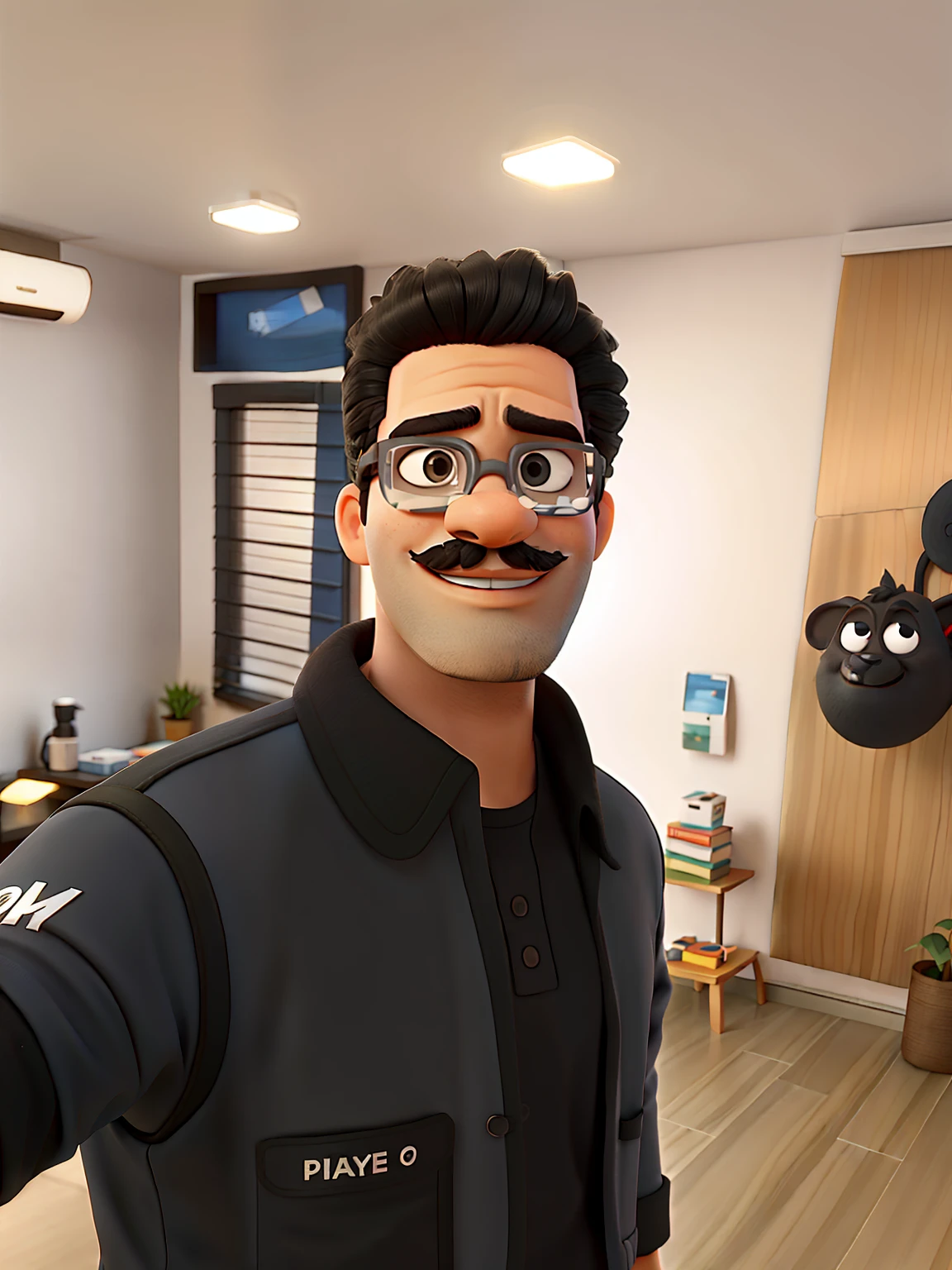 Um homem negro de 30 anos, With eye Glasses, bigode e barba no queixo, parado na frente, illuminated by the light of a lamp, contra o pano de fundo de uma igreja