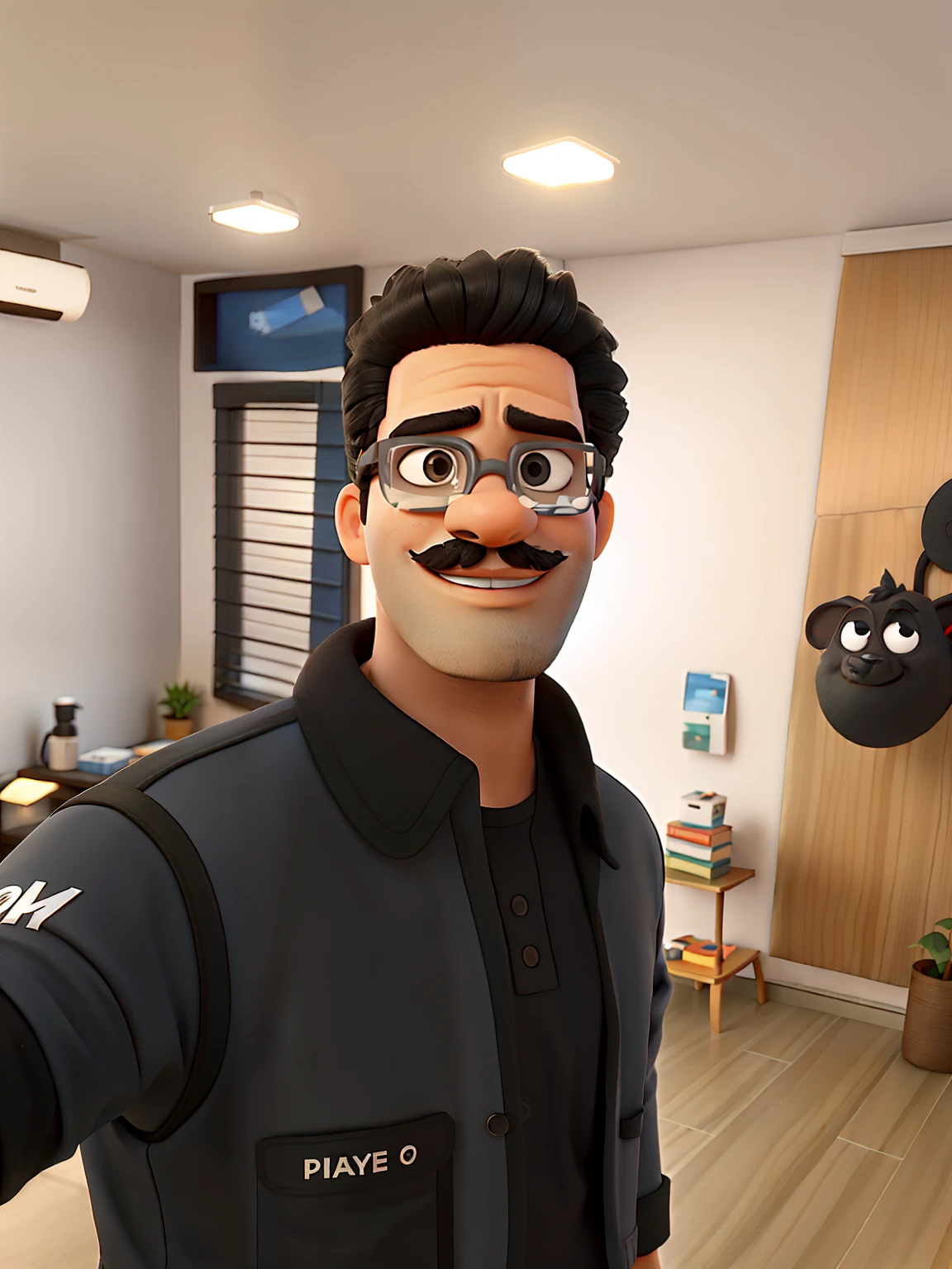 Um homem negro de 30 anos, With eye Glasses, bigode e barba no queixo, parado na frente, illuminated by the light of a lamp, contra o pano de fundo de uma igreja