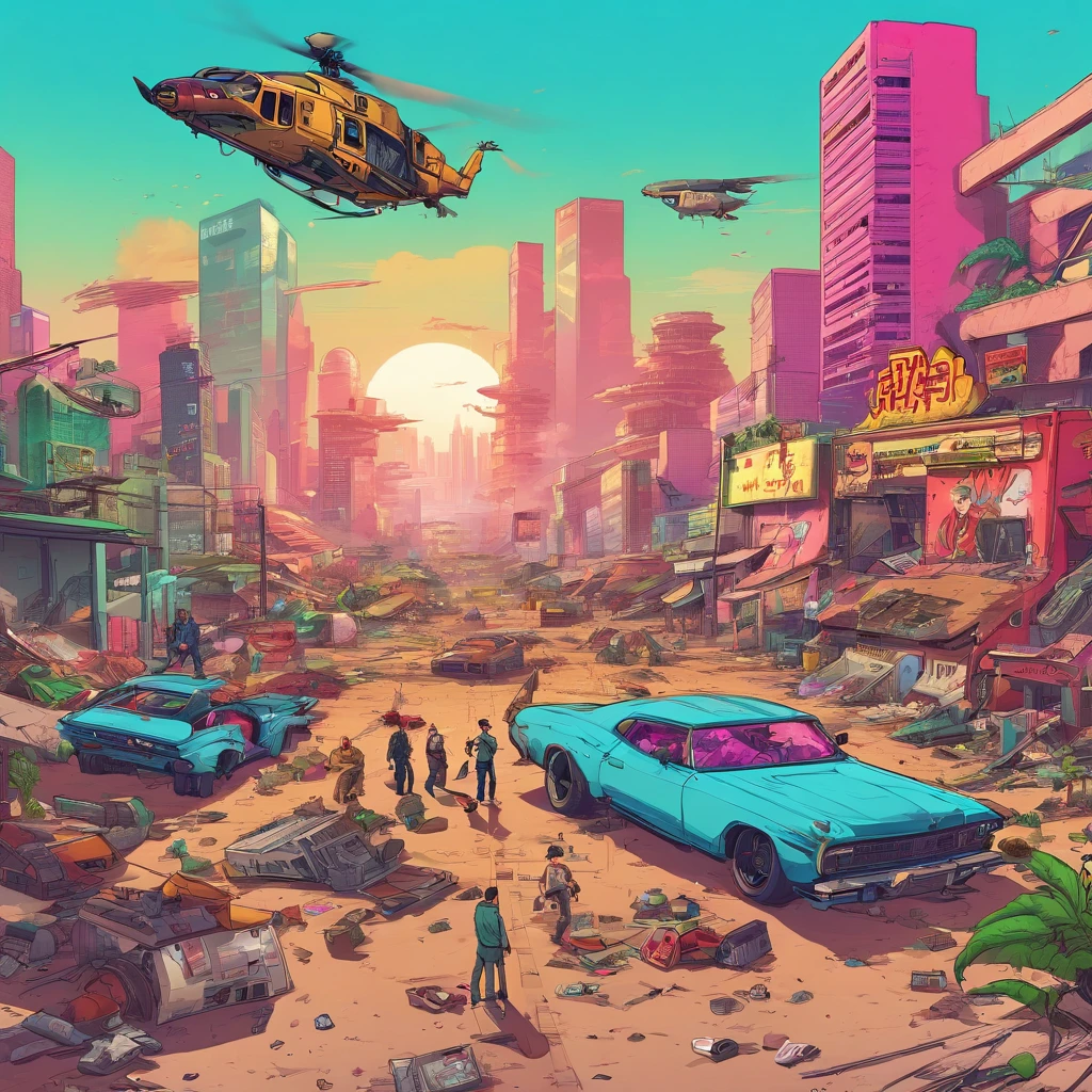 、Armas、Trajes esfarrapados、A futuristic city in ruins