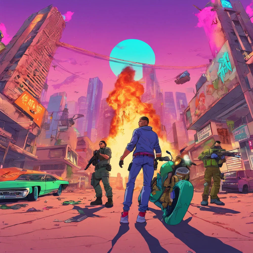 menino、Armas、Trajes esfarrapados、A futuristic city in ruins