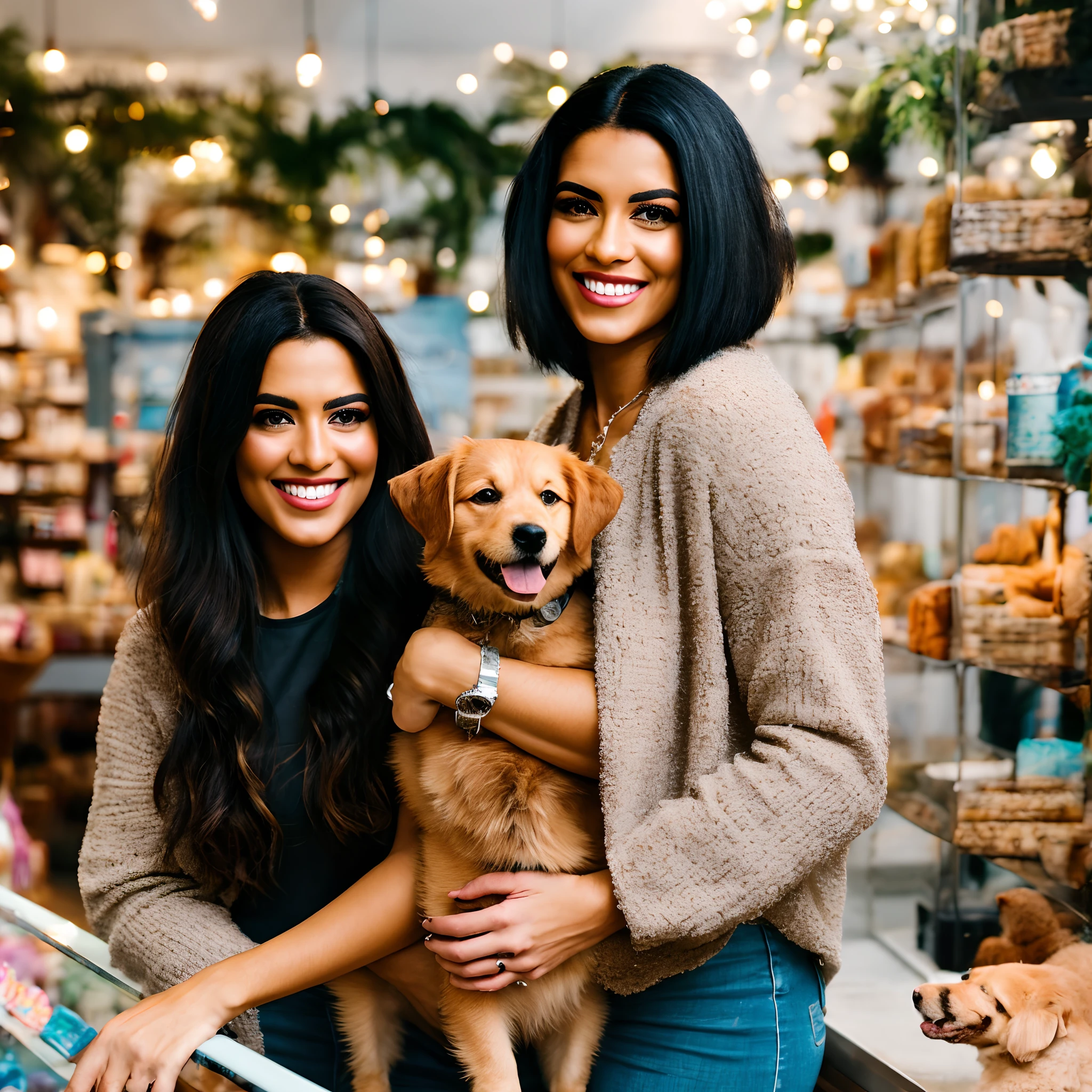 Beautiful brown brazilian woman with beautiful face, Inside a pet shop holding a Yorkshire dog on top of a table with scissors in one hand ,Short black hair down to the nape of her neck with brown eyes and heavy eyeshadow,piercing no septo, Wearing jeans and silver groomer lab coat, grande estilo de moda, looking at you with loving eyes and a soft smile, Background is a seaside town , fundo desfocado, profundidade de campo rasa, Cinematic light, luz suave, retroiluminado, micro-detalhes, renderizado, fotorrealista, cinemactic, 85mm 1.4