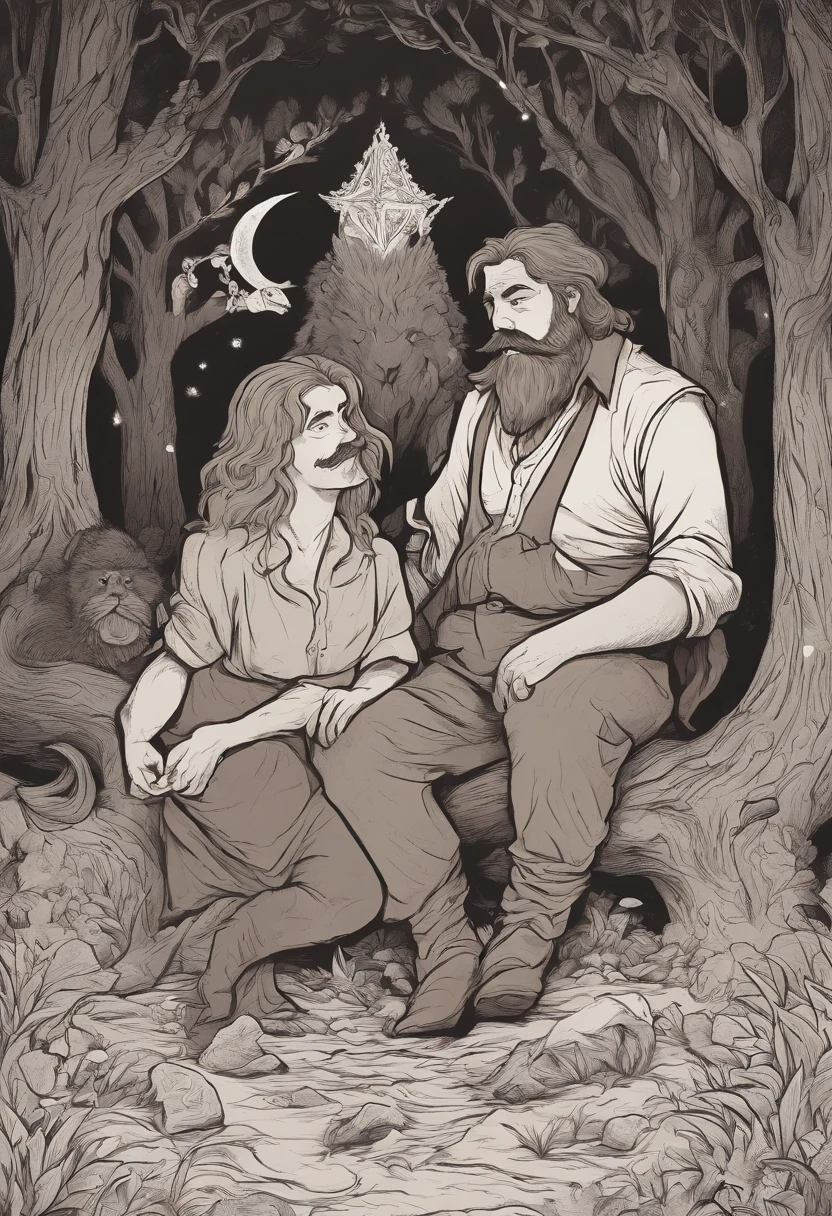 A light brown haired man with a mustache and sideburns with stomach pain sitting by a large dark brown long bearded serious man sitting at the fire at night in the woods.disney hand drawn artyle