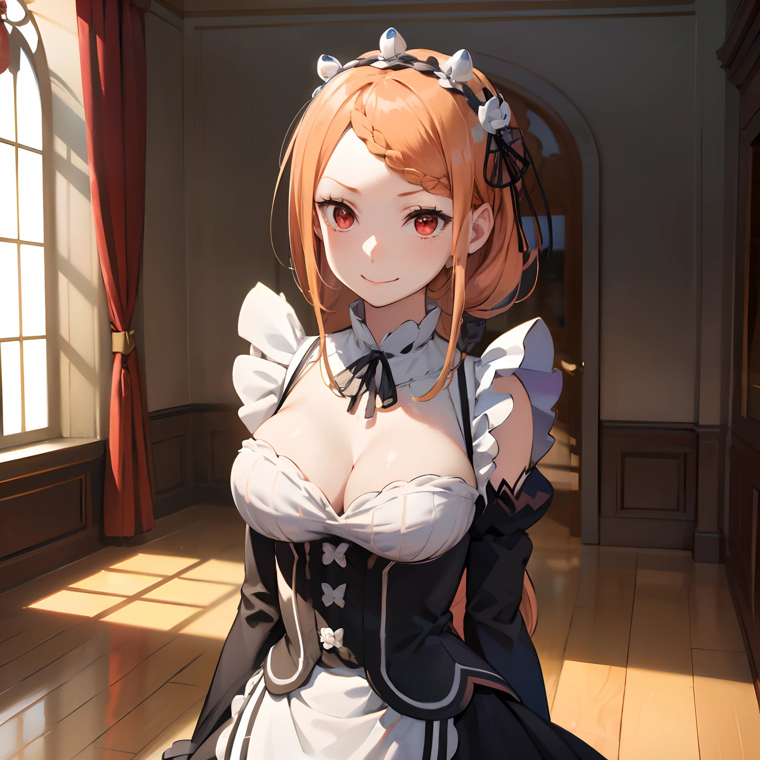 masterpiece, best quality, highres, hmpris, long hair, ((braided bangs)), low ponytail, ((red eyes)), (((roswaal mansion maid uniform))), large breasts, cowboy shot, skirt hold, smile, white bust, indoors, medieval setting