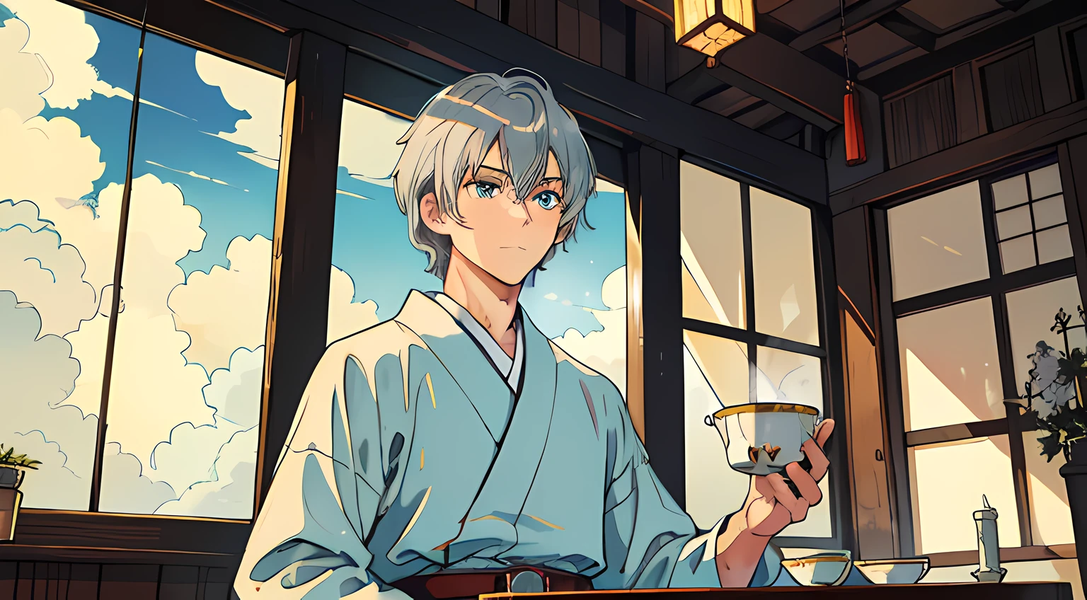 highres, highest quallity, illustration, ultra detailed, (detailed face), (detailed eyes), soft lighting, best quality, hazy glow, dreamy atmosphere, hyper detailed, masterpiece, 1men, solo, silver hair, green eyes, traditional cloth, Japanese knight, short hair, silk belt, brave men, strong men, serious face, luminous eyes, athletic body, (colorful), cowboy shot, from below, outdoors, morning, clouds, (colorful), cowboy shot, from below, indoors, morning, drinking, ancient tea shop,