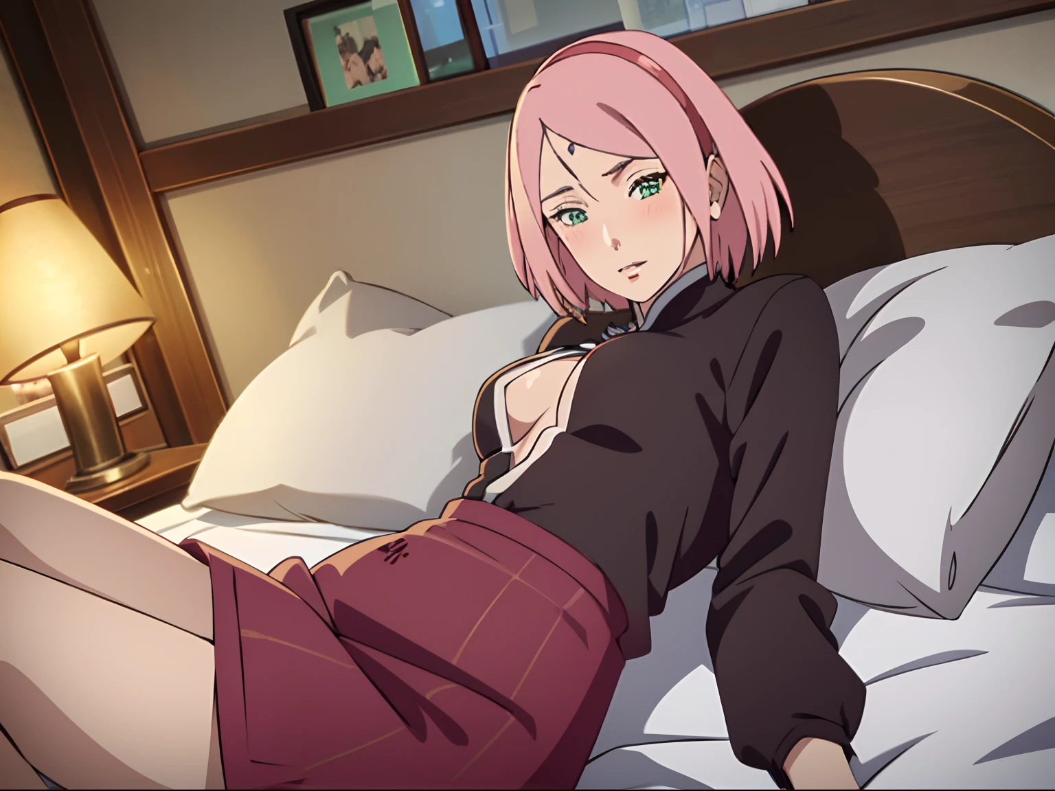 tmasterpiece, hoang lap , (Complicated details),(rich colourful), 电影灯光, the Extremely Detailed CG Unity 8K Wallpapers , 1girll, 独奏,(onbed,Lie down in bed,sexyposture,Superskirt,Bigboobs, ),((perspire,Be red in the face,Blush:1.5)),Particularly heavy blush,looking down on the camera,A pink-haired,Jumpy,lusting,Open lips,clothes tug, skirt tug,dress tug, shirt pulling,Sweater labels,Wind,wind lift,Expectant eyes,short detailed hair