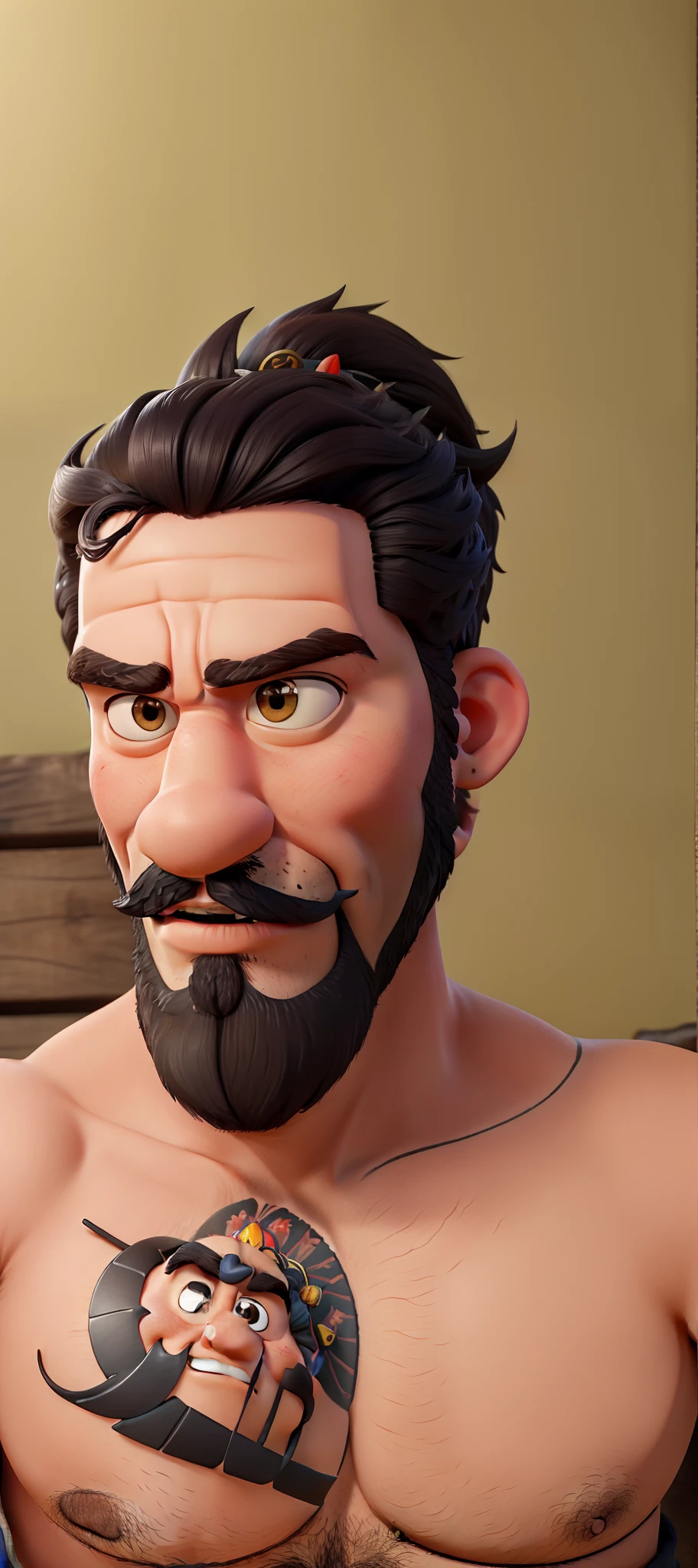 Obra-prima, de melhor qualidade, um homem de bigode e barba, com coque samurai. Tatuagem de cabeca de dragao . Brinco preto na orelha esquerda, nariz mais empinado com barba mais volumosa