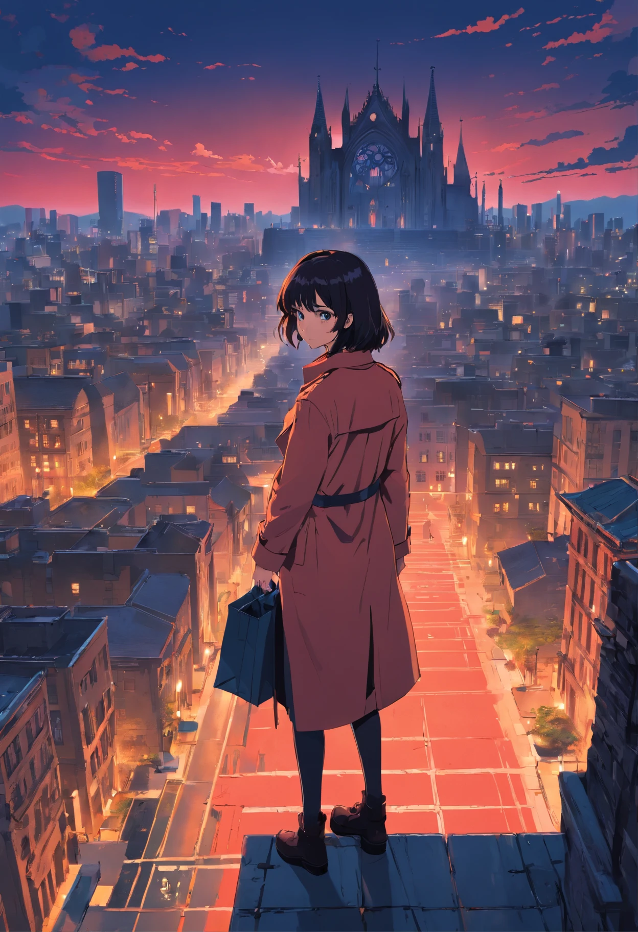 Create an illustration in a 80s vintage anime style of a girl wearing a trench coat standing with her back to the viewer on top of a building overlooking a city merged with an enormous old Gothic cathedral filled with towers. The cityscape extends to the horizon and features a blend of towering Gothic structures and skyscrapers. 80's vintage anime, gothic horror, gotham cemetery a city with red sky, gothic setting, dark fantasy, dark.