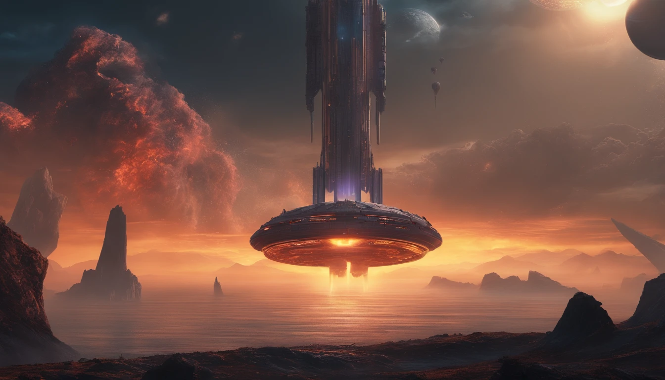 thousands of ships coming out of a black hole in a nebula towards earth in front of a huge Cerberus aggressively standing 100 meters high, localizado em um campo de batalha , Papel de parede de arte conceitual 4K, sci-fi fantasy wallpaper, arte sci fi, arte sci-fi detalhada, bela arte sci fi, Spaceships in overcast sky, arte conceitual obra-prima de arte, arte conceitual 4k, Arte Conceitual 4K, arte conceitual sci fi, mystical sci-fi concept art, fire, Explosions, escombros, sujo