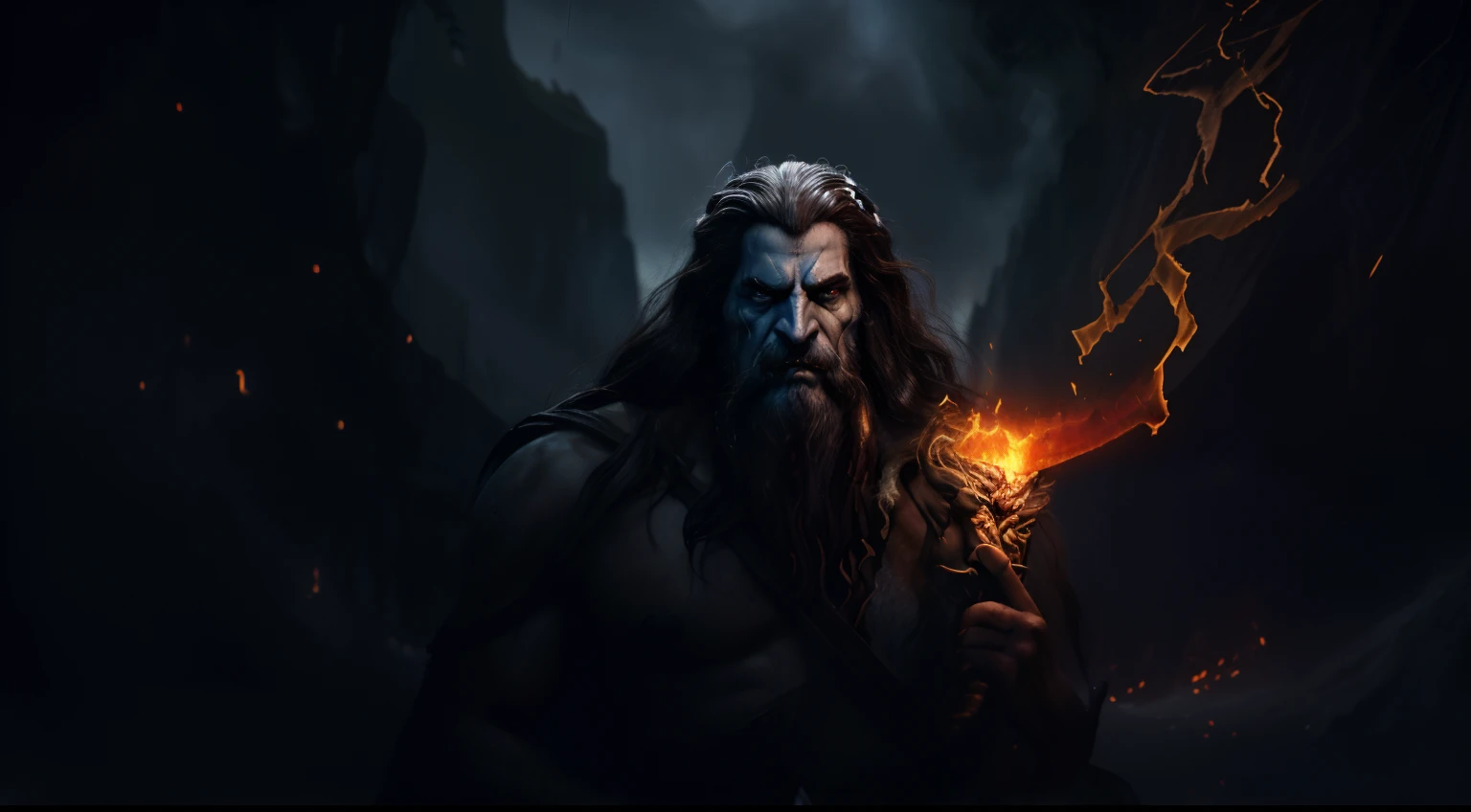 Dark-haired man with glowing face and sword in hand, God Hades, The angry god Zeus, portrait of hades, God Zeus, hades, fire giant, Charon, ferryman from Hades, Painted portrait of the stern Zeus, Epic fantasy digital art, portrait zeus, epic fantasy digital art style, epic fantasy character art