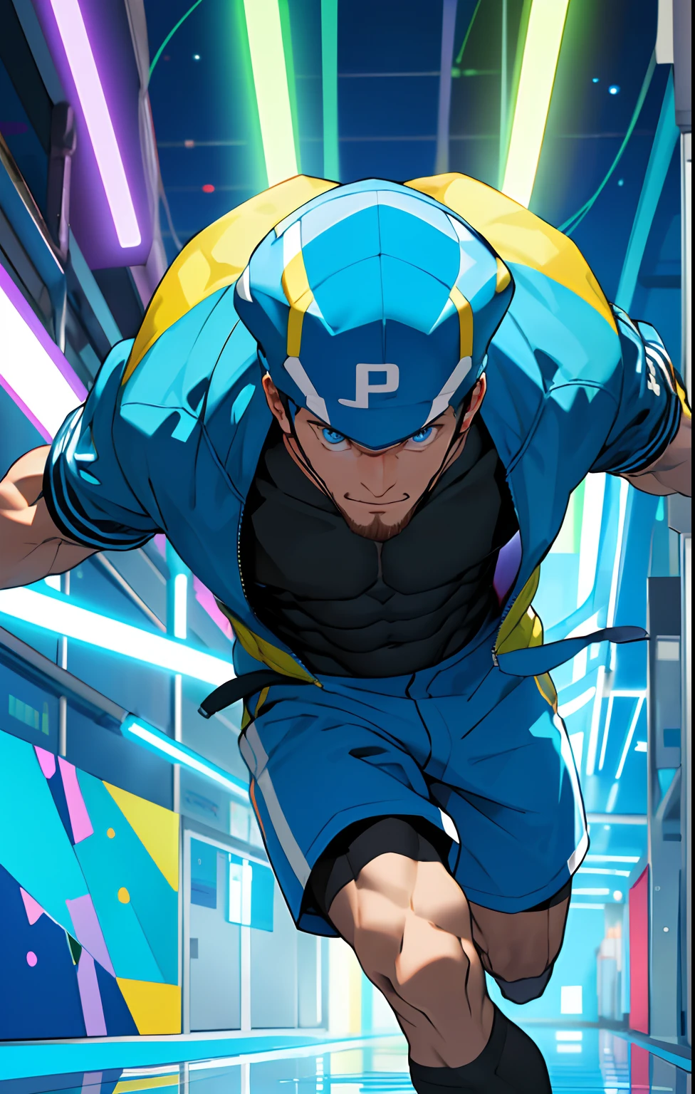 (masterpiece,best quality,absurdres ), 1man, muscular, detailed eyes, blue eyes, open jacket, running to camera, upper body, (fluorescent lamp),(colorful), ((abstract background)),