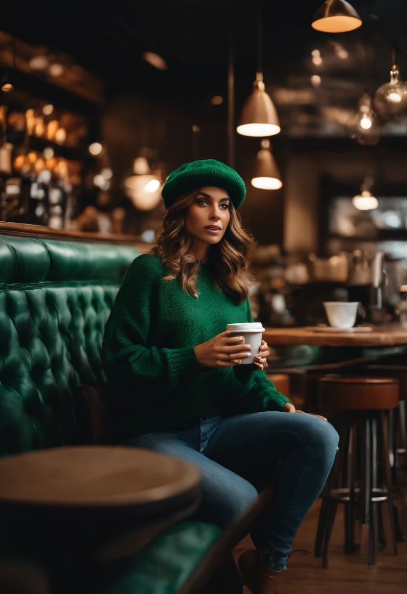 1girl, sozinho, coffee shop, cabelos verdes, gorro, sweater, jeans, sentado na cadeira, dynamic pose, dentro,