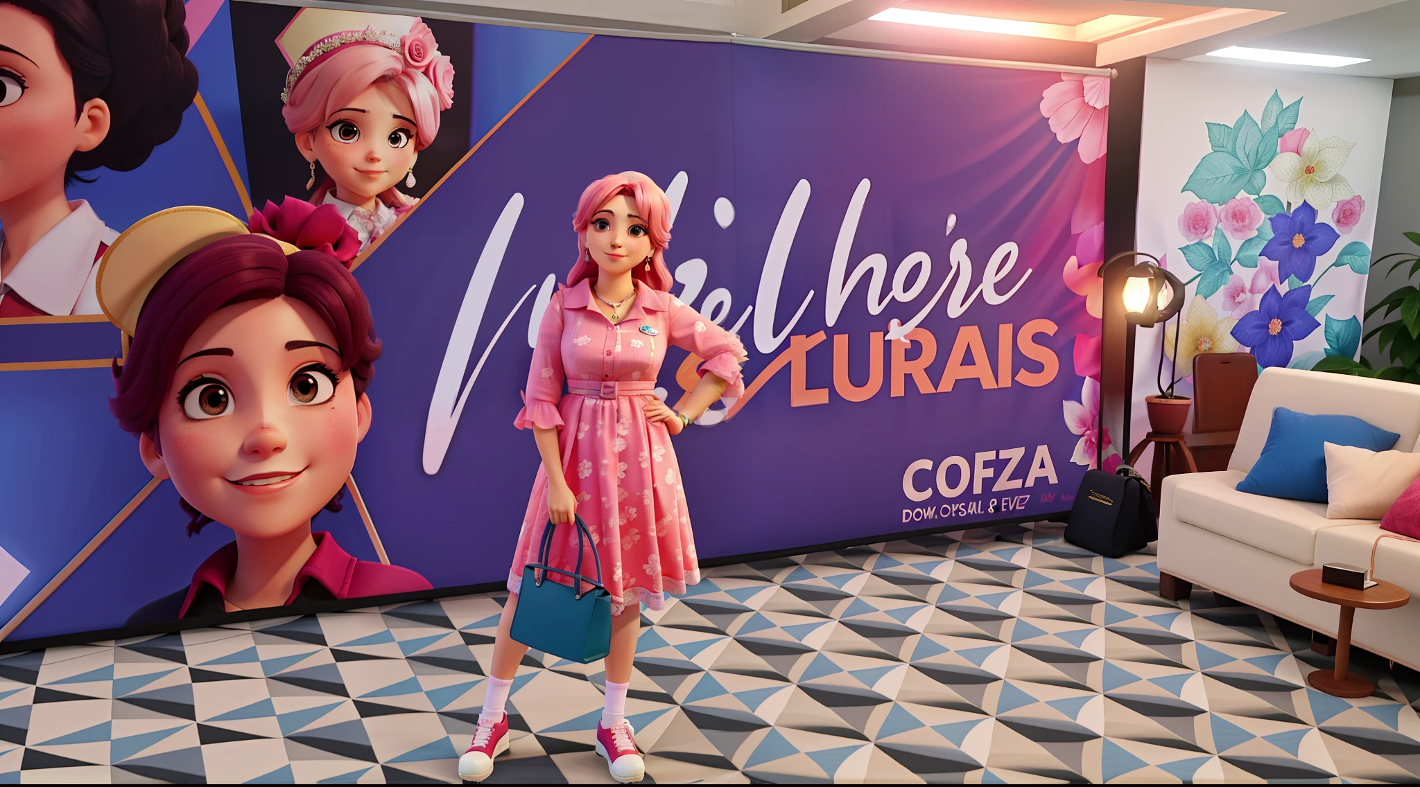 Mulher loira de rosa em evento com banner ao fundo.