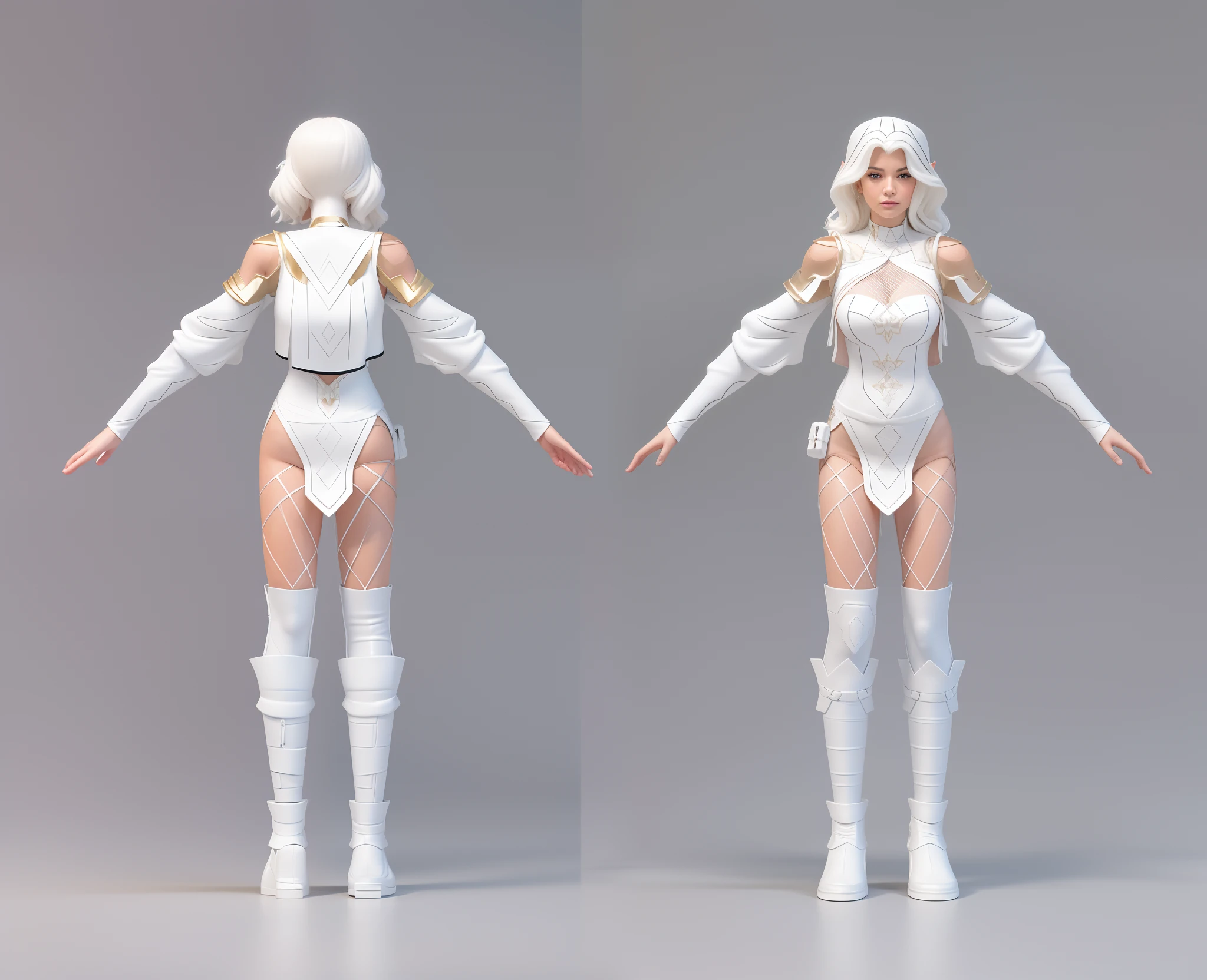(Masterpiece, best quality: 1.2), (Super detailed), (Illustration), detailed face, a close up of a person in a adventure costume, detailed full body concept, full body concept, detailed full body concept art, full body details, full body character concept, new costume concept design, full body concept art, elf style character, full body character concept art, detailed character design, character sheet, character model sheet turnaround , fullbody shot turnaround, reference model sheet, full character body, 3 d character reference sheet, anime vtuber full body model, high quality model sheet, full body details, character design sheet, detailed full body concept, detail face, front and back, white shirt, net stocking, steel knee pad, white shoe, white costume,