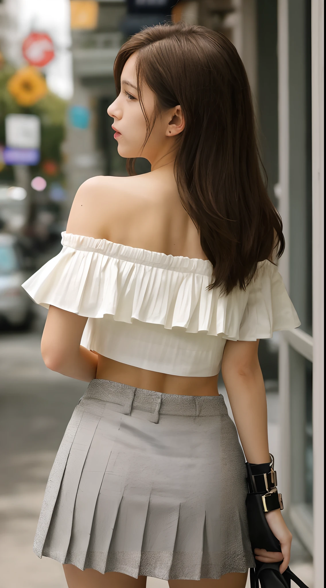Tom Holanda, body of a teenage girl, off the shoulder blouse, tiny pleated skirt, focus on vagina, wrists tied behind her back with handcuffs