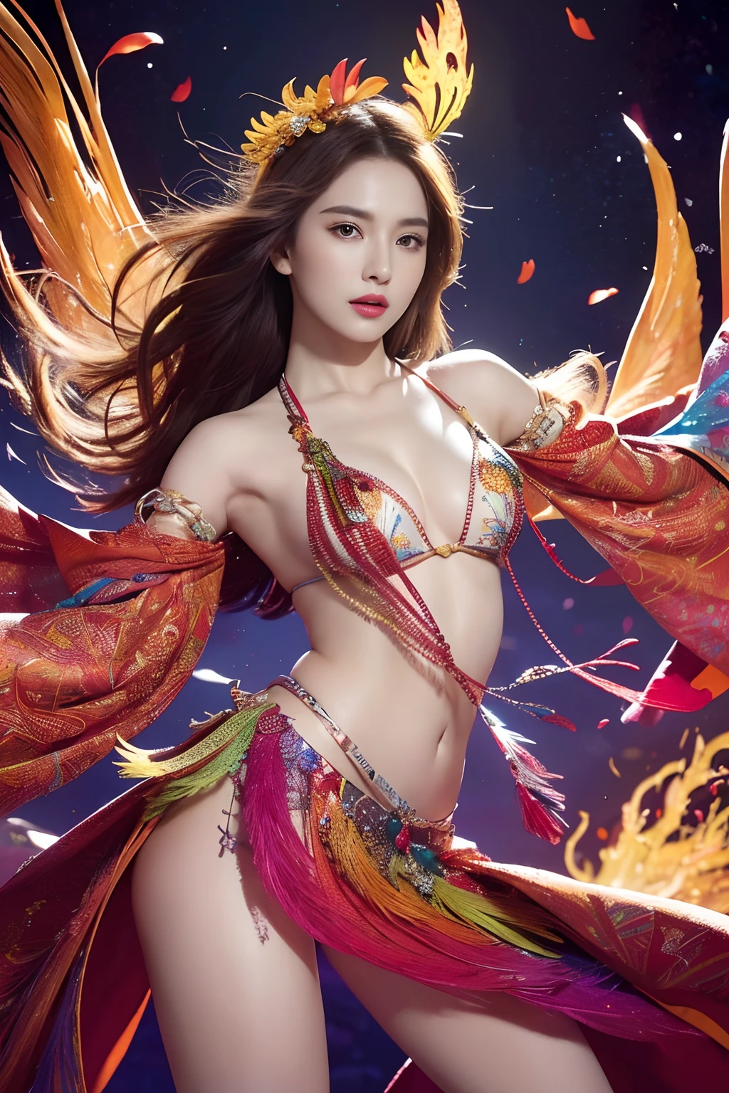 (​masterpiece、top-quality)、high resolution details、foco nítido、(Photoreal Stick:1.2)、1girl in、Cowboy Shot、(The beauty of a woman and the beauty of a phoenix feather seamlessly blend:1.1)、(Dancing in a kaleidoscope of bright colors and patterns、The blades react and、Reflect her movements in a captivating fractal design:1.1)、