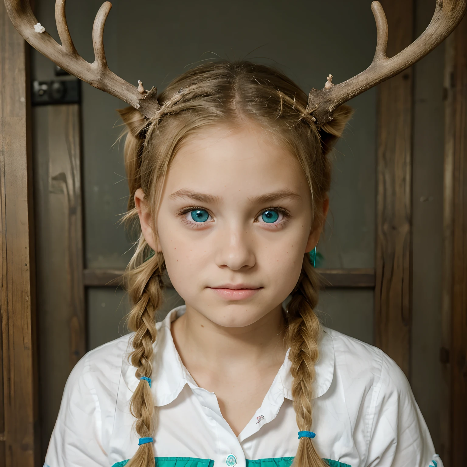 a 9 year old girl with blonde pigtails and antlers and one blue eye and one green eye and a white top