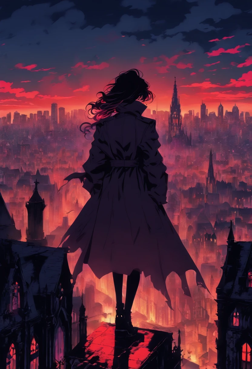 Create an illustration in a 80s vintage anime style of a girl wearing a trench coat standing with her back to the viewer on top of a building overlooking a city merged with an enormous old Gothic cathedral filled with towers. The cityscape extends to the horizon and features a blend of towering Gothic structures and skyscrapers. 80's vintage anime, gothic horror, gotham cemetery a city with red sky, gothic setting, dark fantasy, dark, anime, beauty, perfection, love.