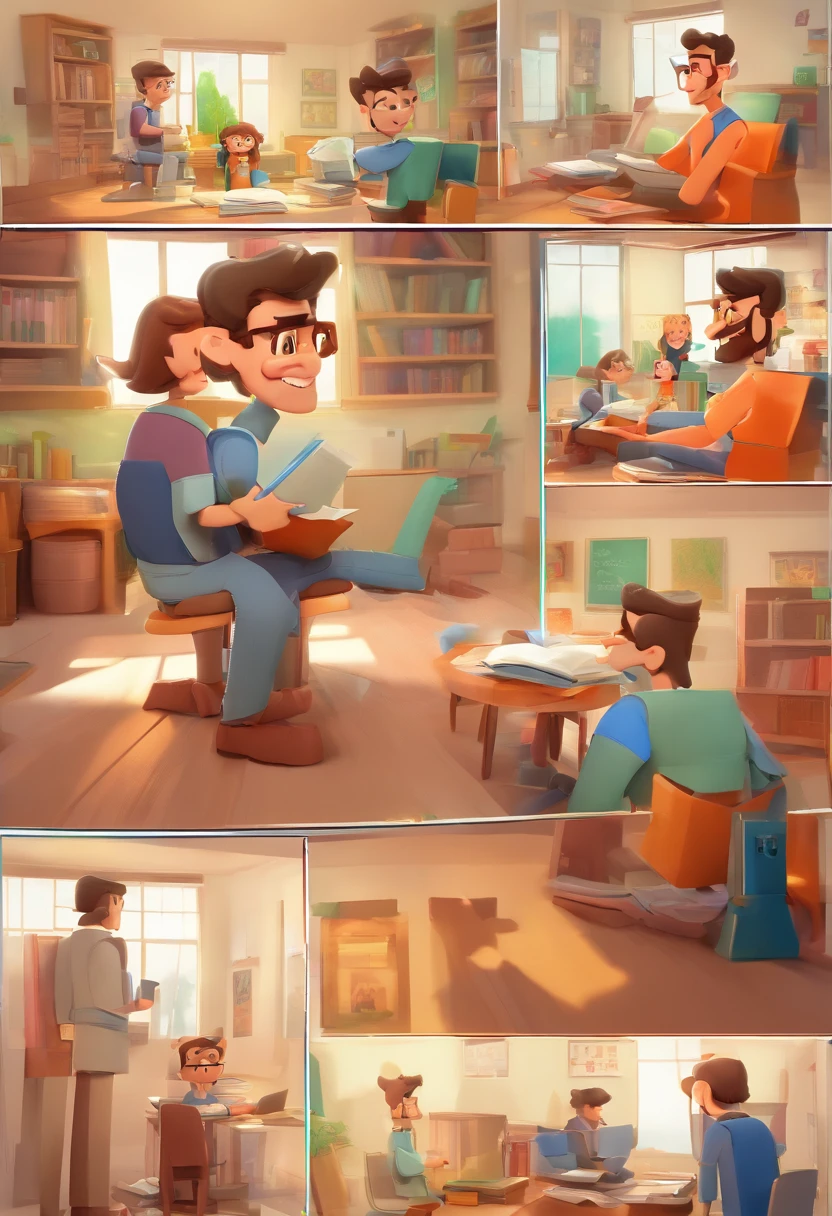 An illustration of a teacher, destacando um homem jovem bonito, Expressive eyes – the man's skin is brown and the man's hair is black, cacheado encobrindo as orelhas. He's in a bright room, com um com um sorriso no rosto, compartilhar um momento especial caracterizado por um leitura de livro feliz . Illustrate this scene from a perspective where he is facing away from the camera. Desenvolva esta arte em Full HD, Focus on your cinematic touch, Estilo Disney Pixar Animations