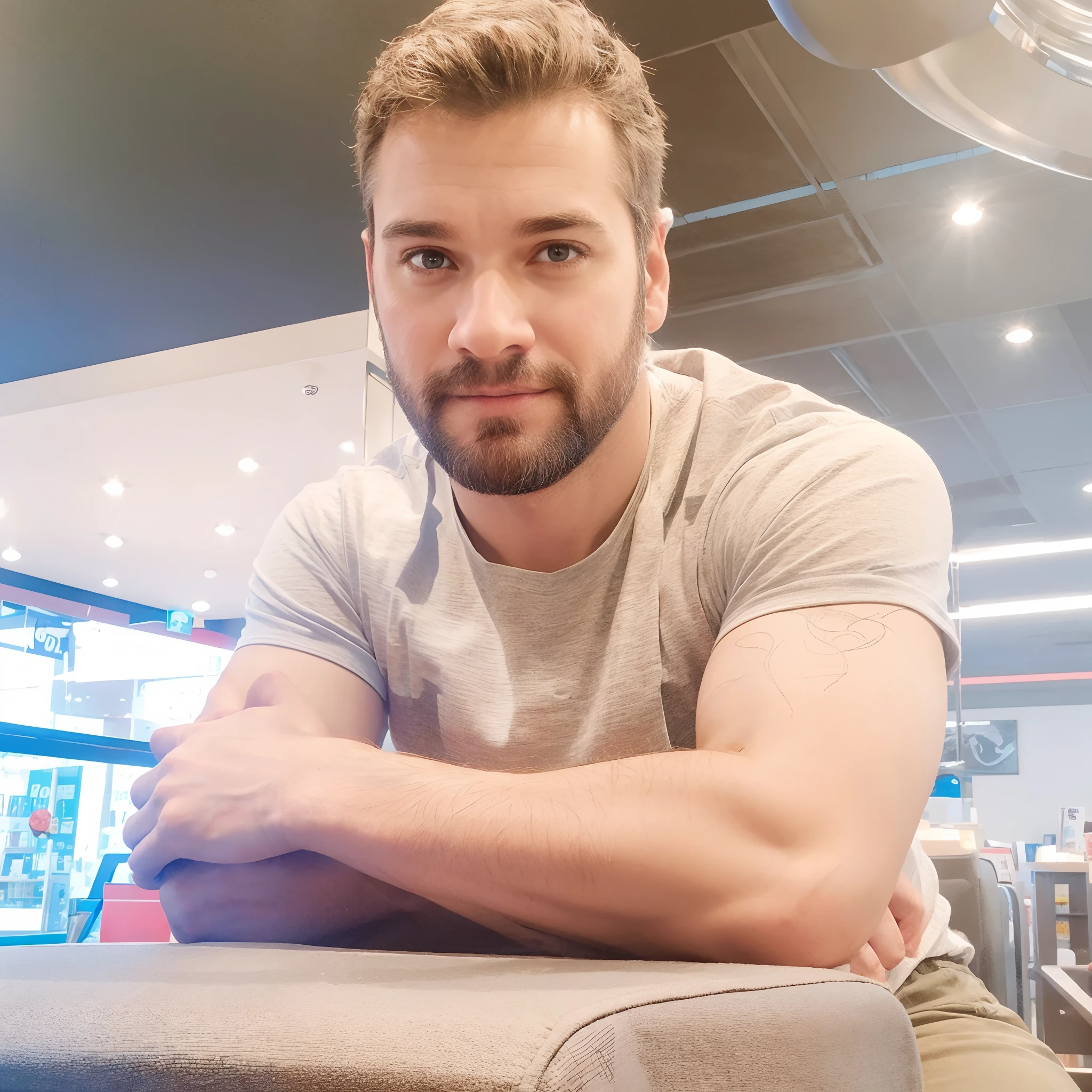 Crie um cartaz inspirado na Disney Pixar com o personagem sendo um homem branco de cabelos e barba curtos e pretos, wearing a blue polo shirt and sitting in a bookstore drinking coffee I want the scene of PIXar's main movies
