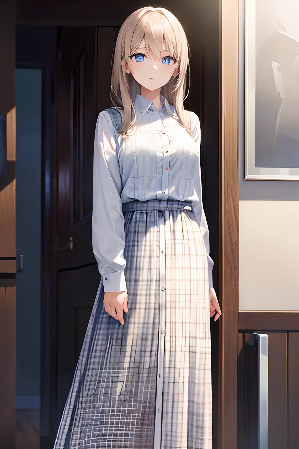 A woman in a plaid dress and white button up shirts staring at the viewer with a smile, her hands behind her back