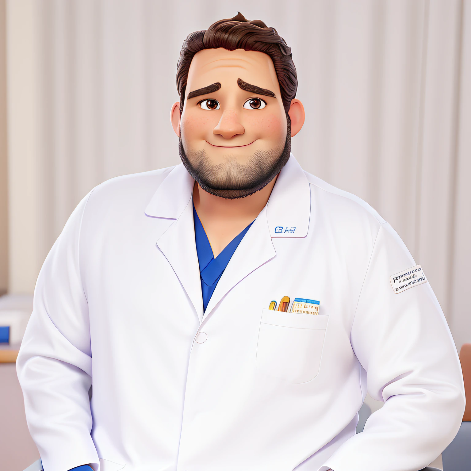 Make a Disney-style poster The character is 35 years old, with doctor's lab coat, Holding a brain, Sitting in armchair in an office