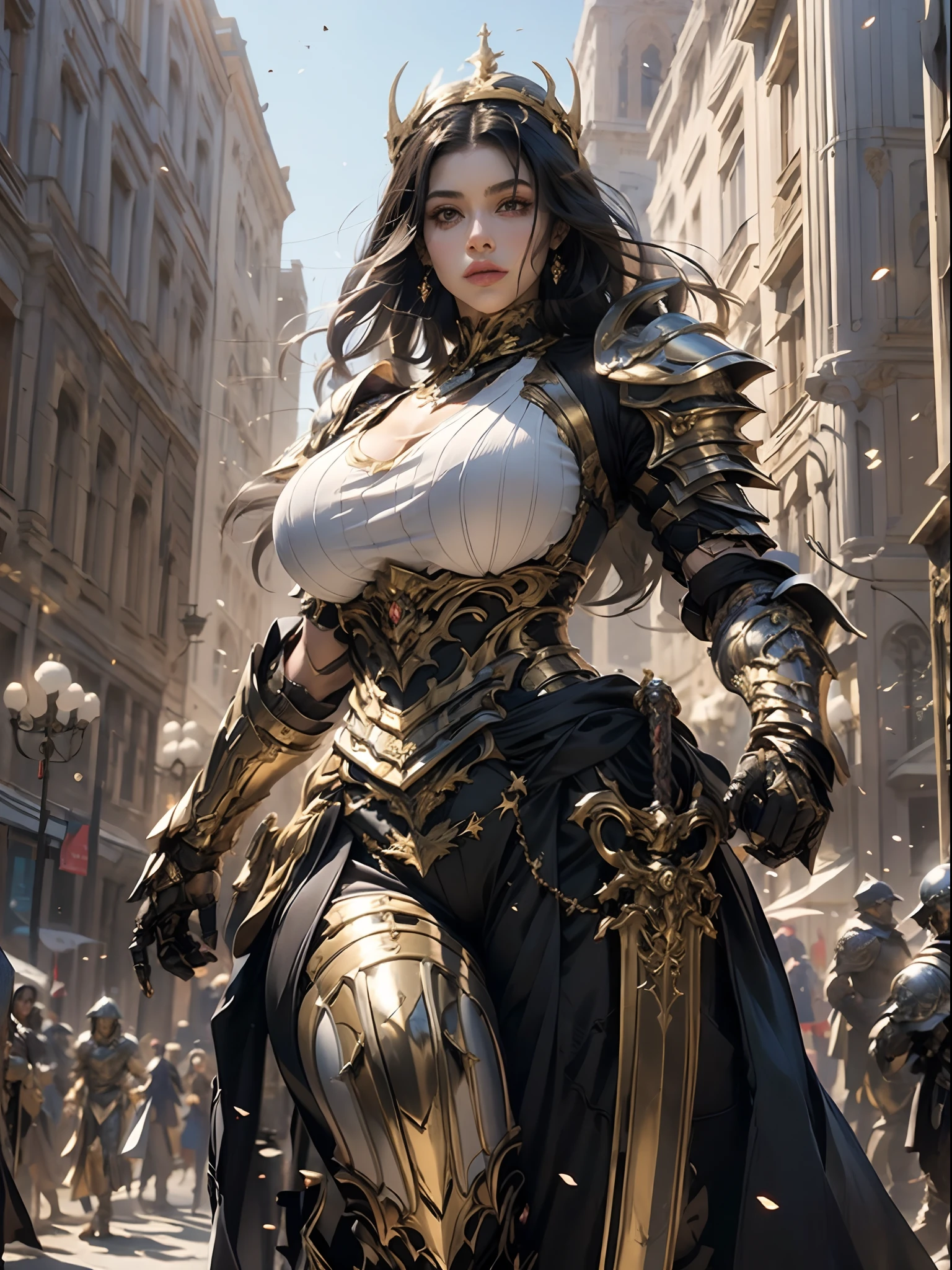a beautiful golden-greek-armored warrioress, jet-black hair, muscular, huge and heavy breasts, looking at viewer, masterpiece, best quality, 8k, blurred background, medieval fantasy castle in the background