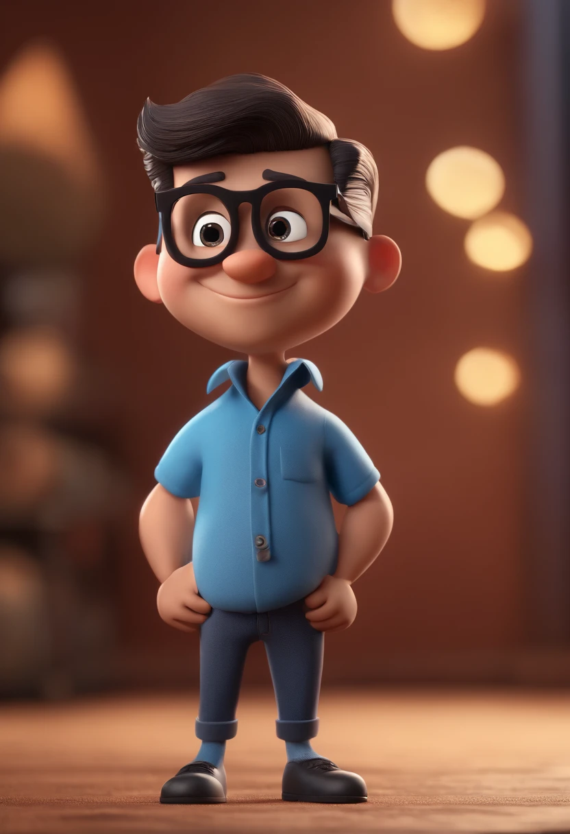 Cartoon character of a man with black glasses and a blue shirt, animation character, Caractere estilizado, animation style rendering, 3D estilizado, Arnold Maya render, 3 d render stylized, toon render keyshot, Personagem 3D, Personagem 3D, 3d rendering stylized, 3 d character render, personagem de desenho animado, Personagem de close up, Pose de personagem, (Estilo Pixar) (master part:1.2) (Bokeh) (best quality) (pele detalhada) (textura detalhada) (8k) (argila) (Cinematic lighting) (foco nítido