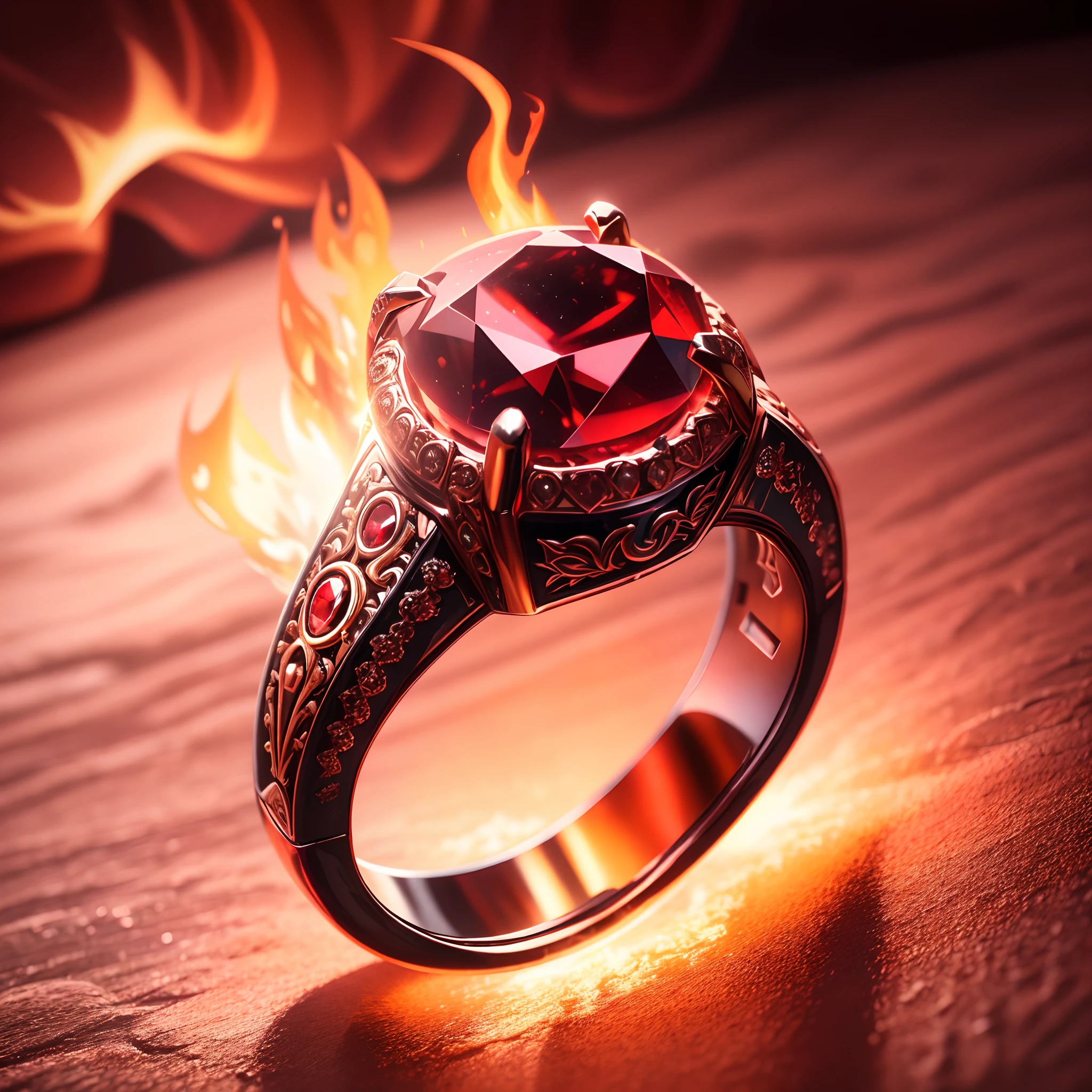 hiper HD, Super detail, La mejor calidad, Detalles altos, 1080p, 16k, A high resolution,Silver magic ring with red diamonds,The background is a magical hexagonal array of flames,(Las mejores ilustraciones),(La mejor sombra),isometric 3D.Renderizado de octanaje,Delicado efecto fuego,Llamas en el fondo, fire reflection, Fuegos!! Hiperrealista, completamente consistente en fuego, Fuego y fuego, Fondo llameante,lava fundida,magma