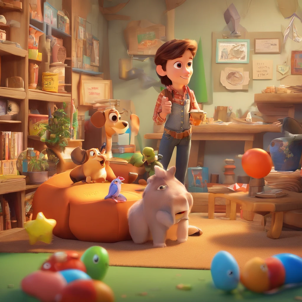create a 3D Disney Pixar-inspired movie poster, The scene should be in Pixar's signature digital art style, with a caricatural image representing an artisan, with long brown hair, pointing to a banner reading "Atelier Jane Passos".