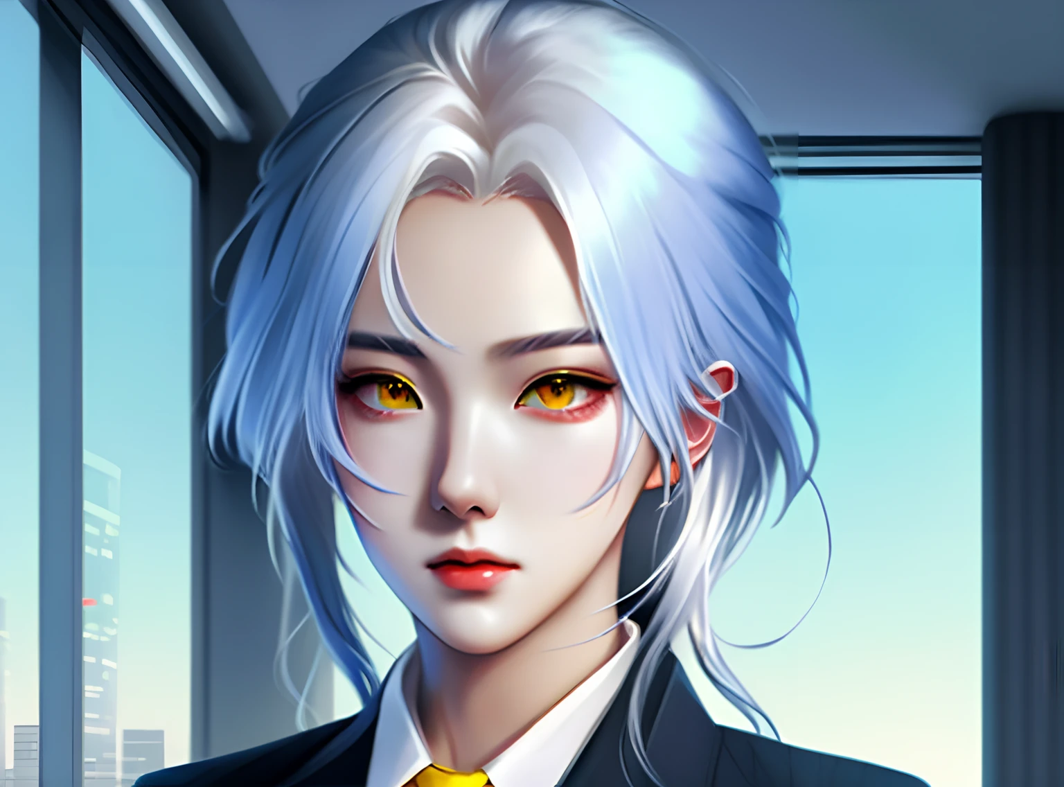 best quality,hairstyle:whitehair,girl,yelloweyes,suit,tie,officebuilding,anime,sketch style,vibrant colors,soft lighting