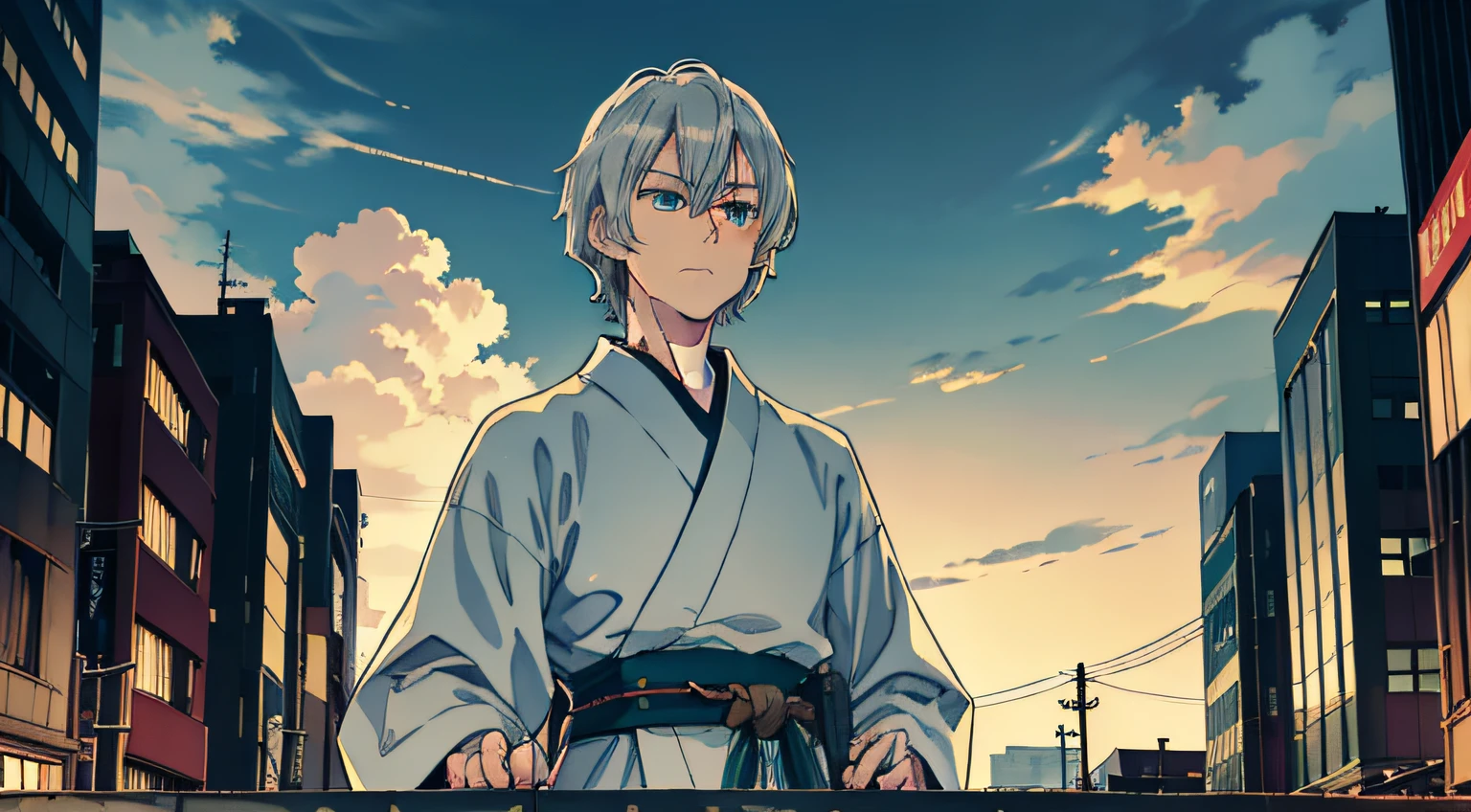 japan, highres, highest quallity, illustration, ultra detailed, (detailed face), (detailed eyes), soft lighting, best quality, hazy glow, dreamy atmosphere, hyper detailed, masterpiece, 1men, solo, silver hair, green eyes, traditional cloth, Japanese knight, short hair, silk belt, brave men, strong men, serious face, luminous eyes, athletic body, (colorful), cowboy shot, from below, outdoors, morning, clouds, tall buildings in background, industrial, public transportation, urban, concrete buildings, concrete, sidewalk, busy, trees, autumn, falling leaves,