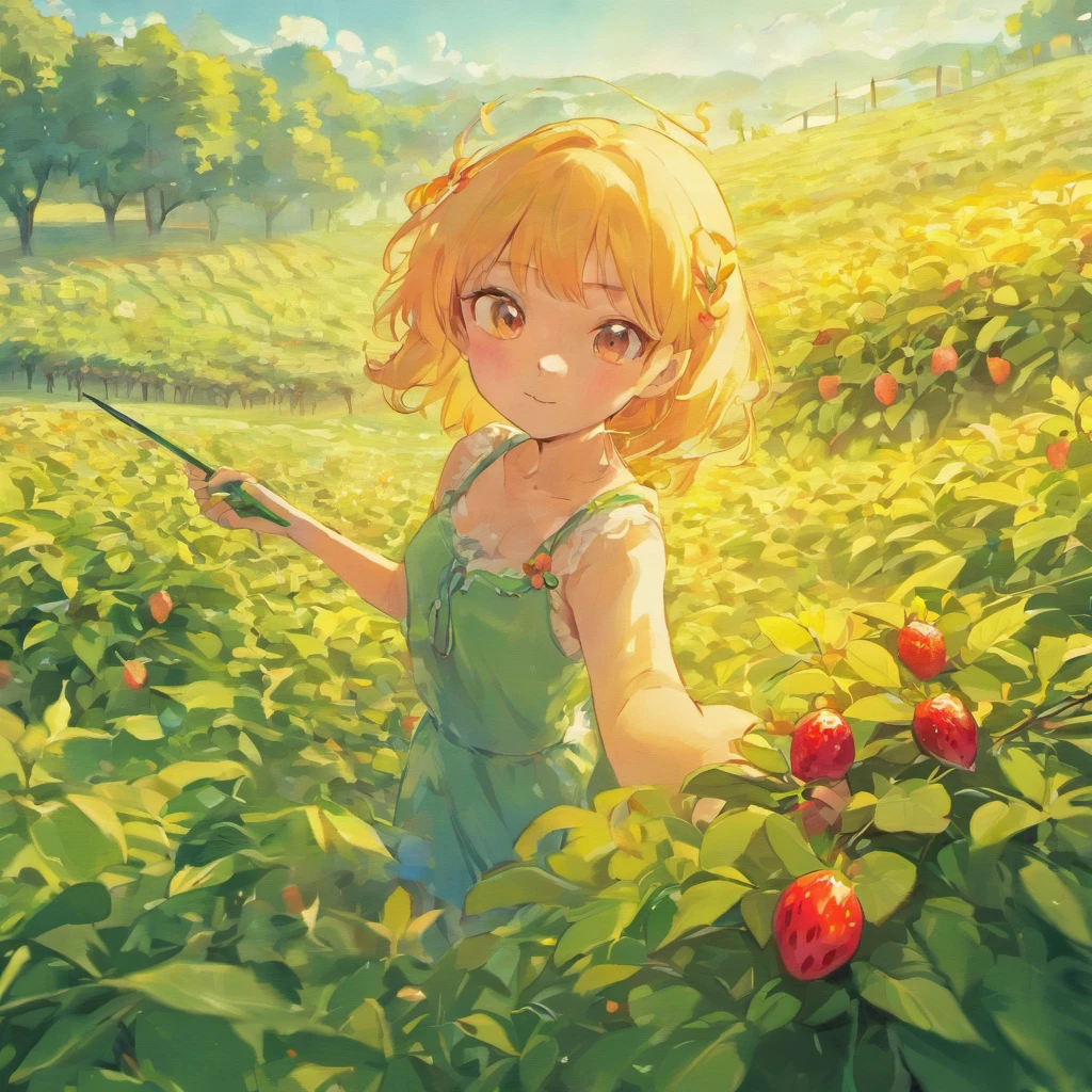 (ultra-fine painting, HDR),illustration,digital art,strawberry field,view from drone shot, colorful fruits and flowers,bright sunlight, contrasting colors, birds-eye perspective, detailed leaves and petals, vibrant and lively scenery, soft and dreamy atmosphere, professional artwork.